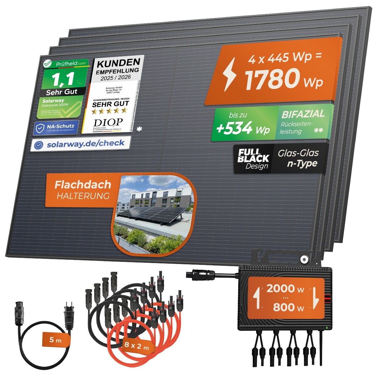 ® 1780Wp / 2000-800W Balkonkraftwerk komplett Steckdose - neuester 2000 Watt Wechselrichter - Solaranlage Komplettset - 445W bifaziale Solarmodule & Envertech & Zubehör