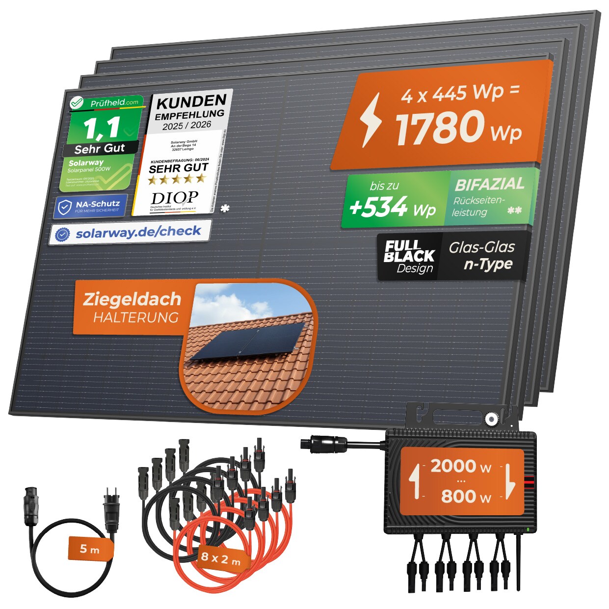 ® 1780Wp / 2000-800W Balkonkraftwerk komplett Steckdose - neuester 2000 Watt Wechselrichter - Solaranlage Komplettset - 445W bifaziale Solarmodule & Envertech & Zubehör