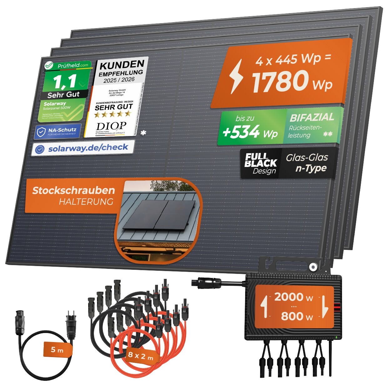 Solarway&reg; 1780Wp / 2000-800W Balkonkraftwerk komplett Steckdose - neuester 2000 Watt Wechselrichter - Solaranlage Komplettset - 445W bifaziale Solarmodule & Envertech & Zubeh&ouml;r 