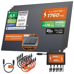 Solarway® 1760W Balkonkraftwerk 1600W komplett Steckdose - neuester 1600 Watt Wechselrichter - Solaranlage Komplettset - 440W Solarmodule & Deye & Zubehör 