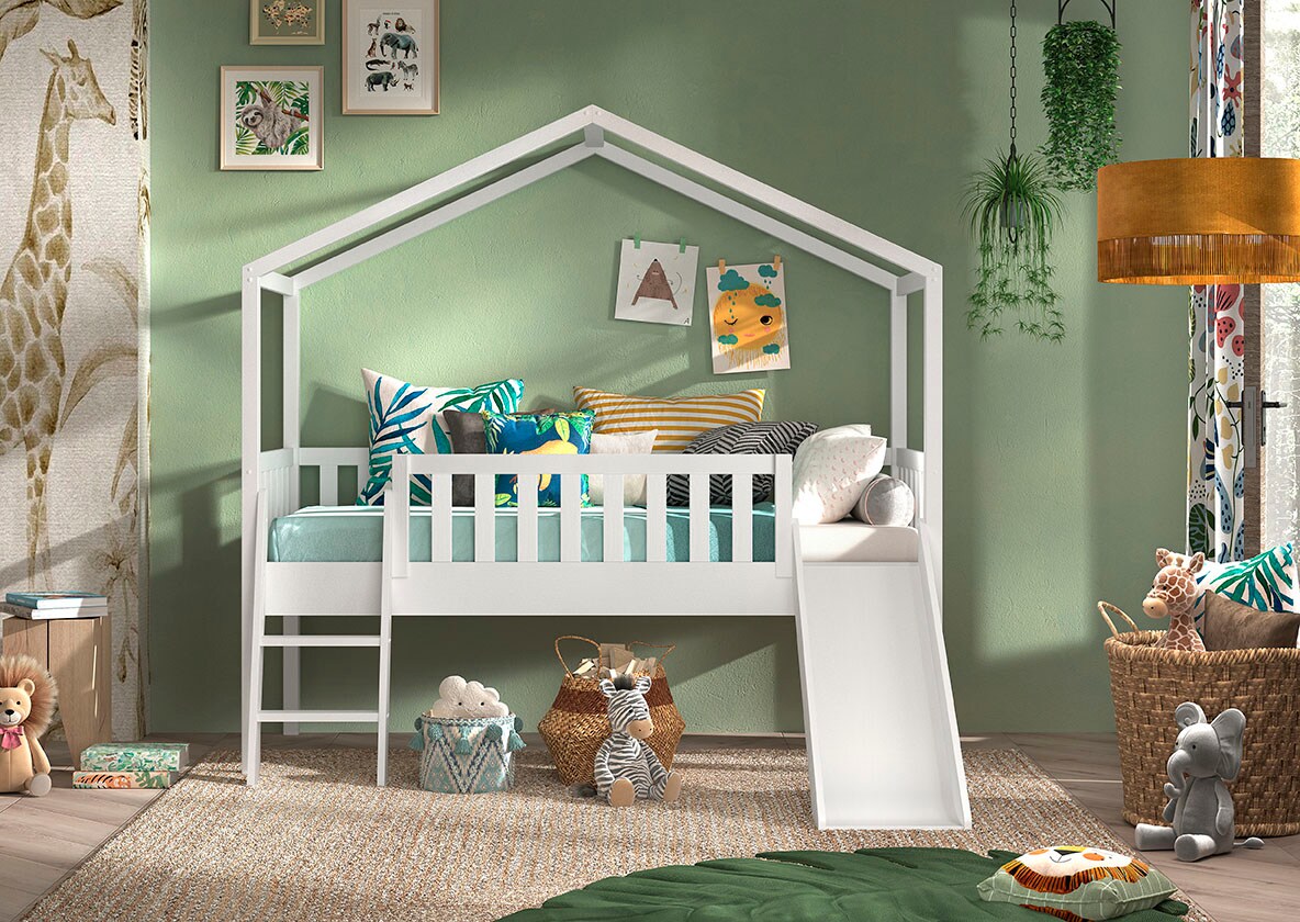 Hausbett Dallas mit Leiter und Rutsche, Liegefl&auml;che 90 x 200 cm, inkl. Rolllattenrost, Ausf. Kiefer wei&szlig; lackiert 