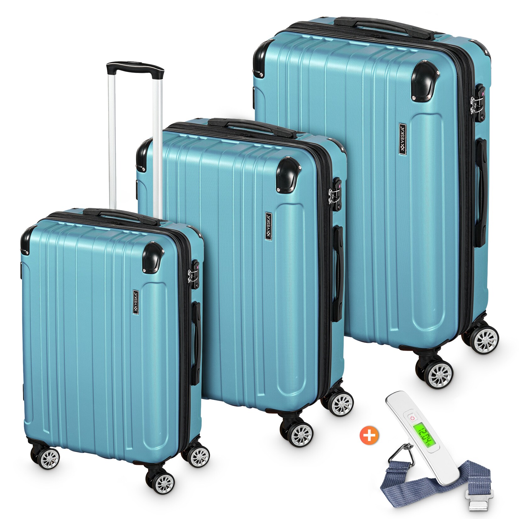 Hartschalenkoffer Kofferset "Madrid"  3 teilig mit TSA Zahlenschloss 4 Rollen ABS-Hartschale, Reisekoffer Trolley Rollkoffer Koffer - nebelblau