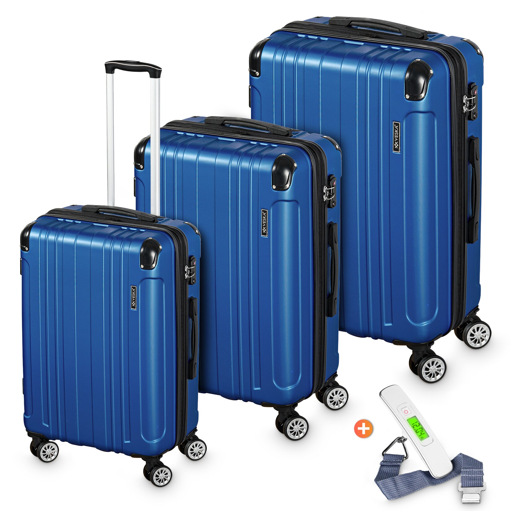 Hartschalenkoffer Kofferset "Madrid" 3 teilig mit TSA Zahlenschloss 4 Rollen ABS-Hartschale, Reisekoffer Trolley Rollkoffer Koffer - königsblau