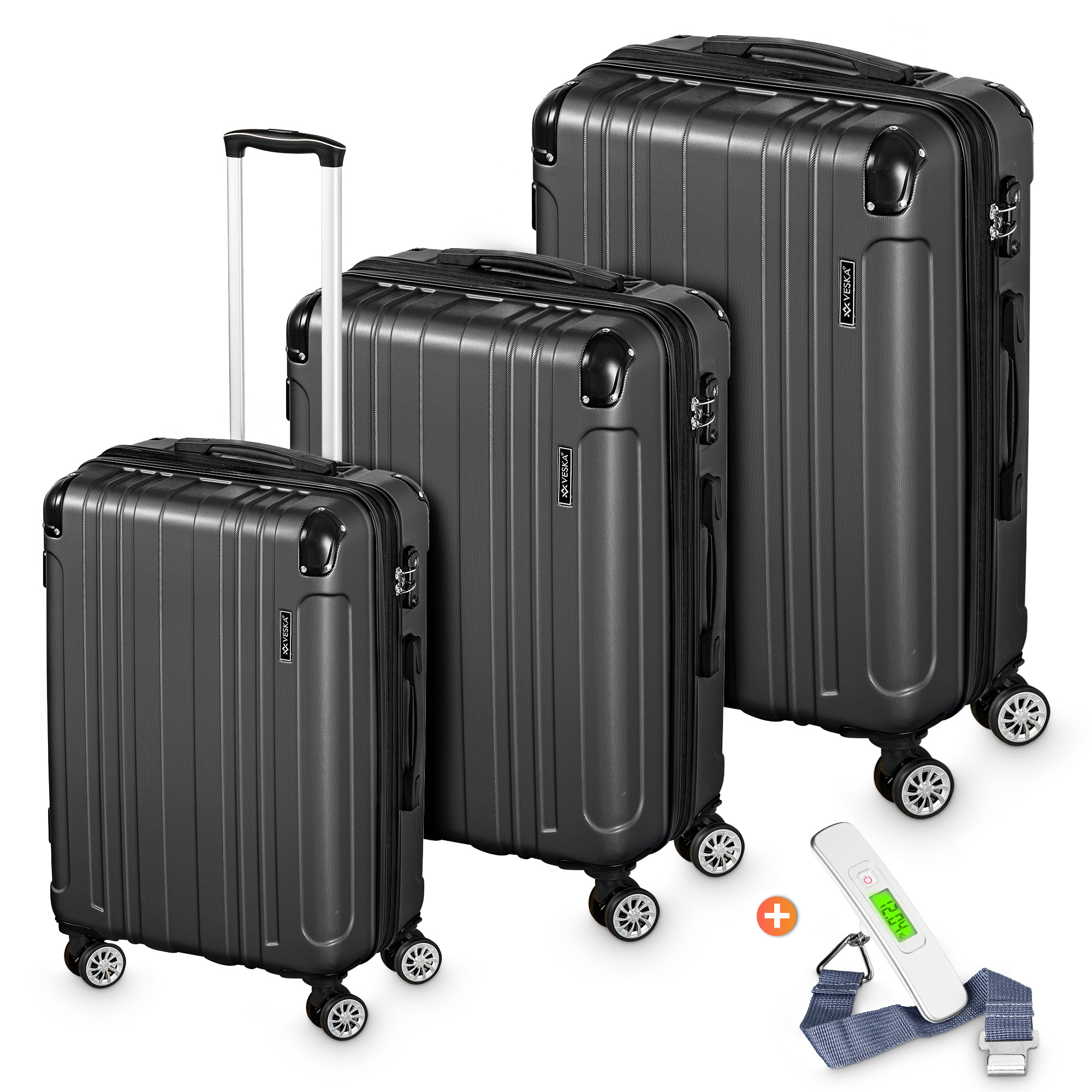 Veska Hartschalenkoffer Kofferset "Madrid" 3 teilig mit TSA Zahlenschloss 4 Rollen ABS-Hartschale, Reisekoffer Trolley Rollkoffer Koffer - anthrazit 