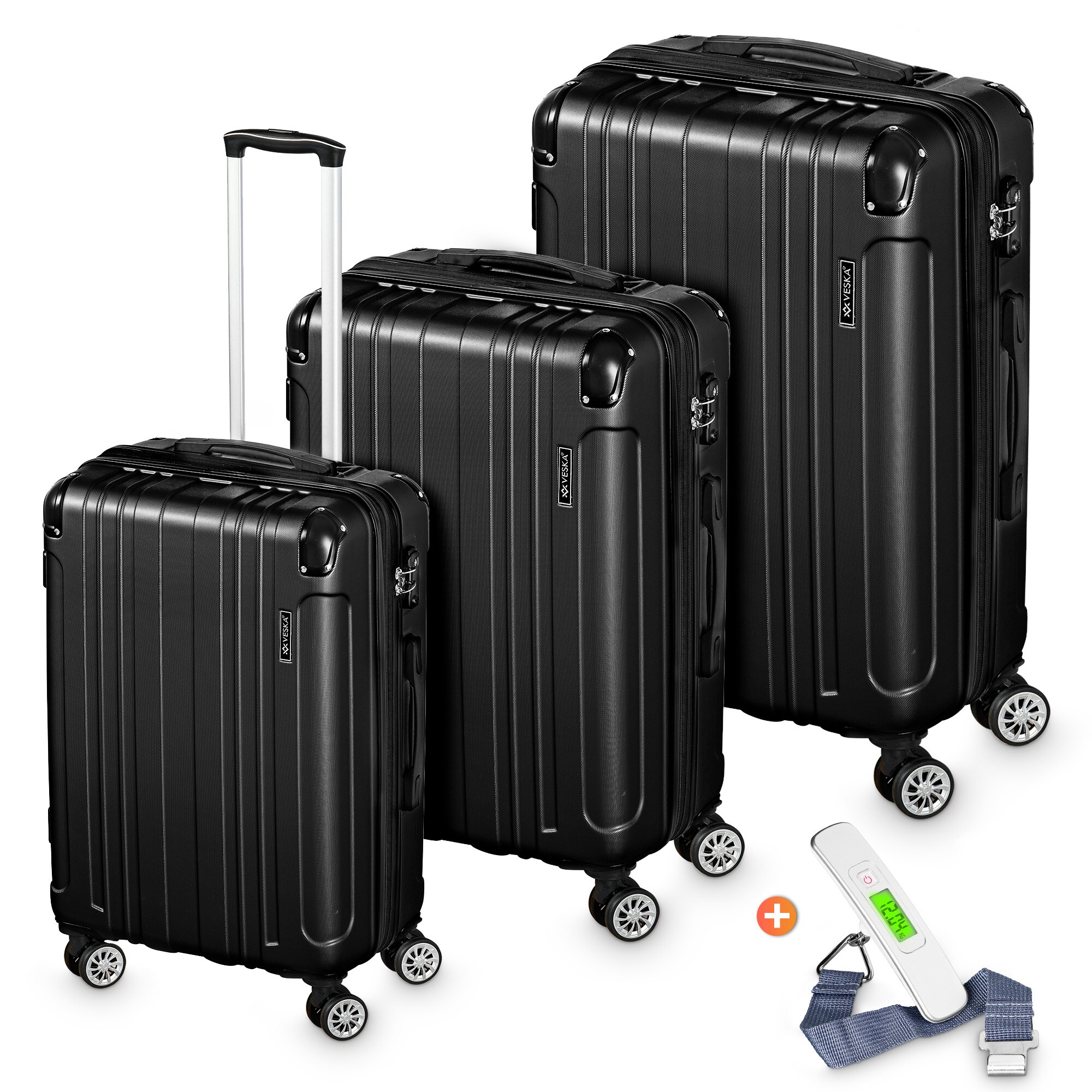 Veska Hartschalenkoffer Kofferset "Madrid" 3 teilig mit TSA Zahlenschloss 4 Rollen ABS-Hartschale, Reisekoffer Trolley Rollkoffer Koffer - schwarz 