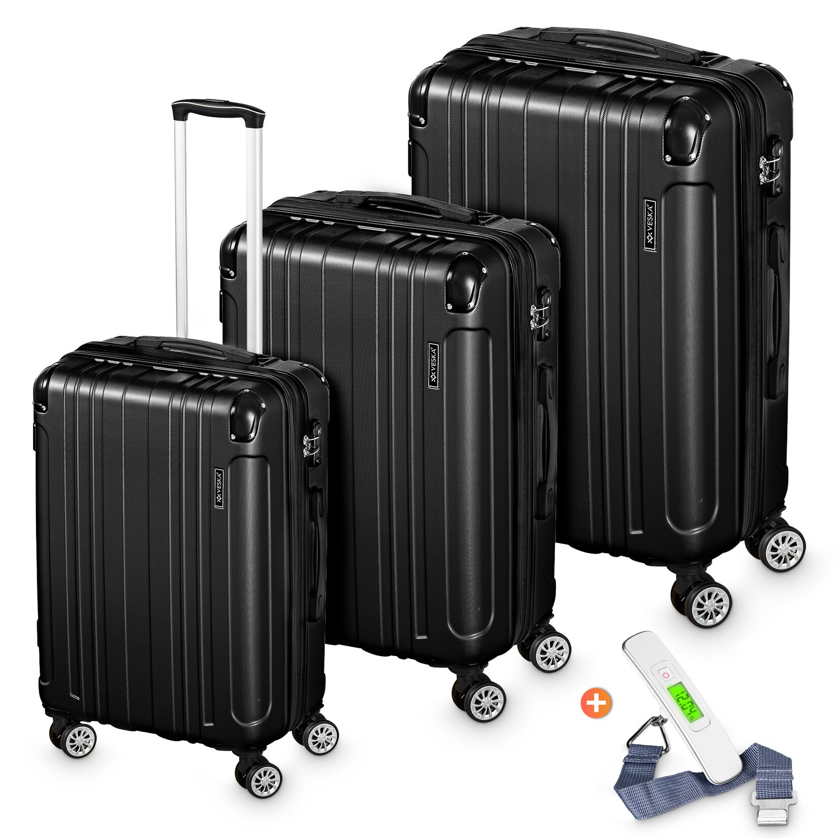 Hartschalenkoffer Kofferset "Madrid" 3 teilig mit TSA Zahlenschloss 4 Rollen ABS-Hartschale, Reisekoffer Trolley Rollkoffer Koffer - schwarz
