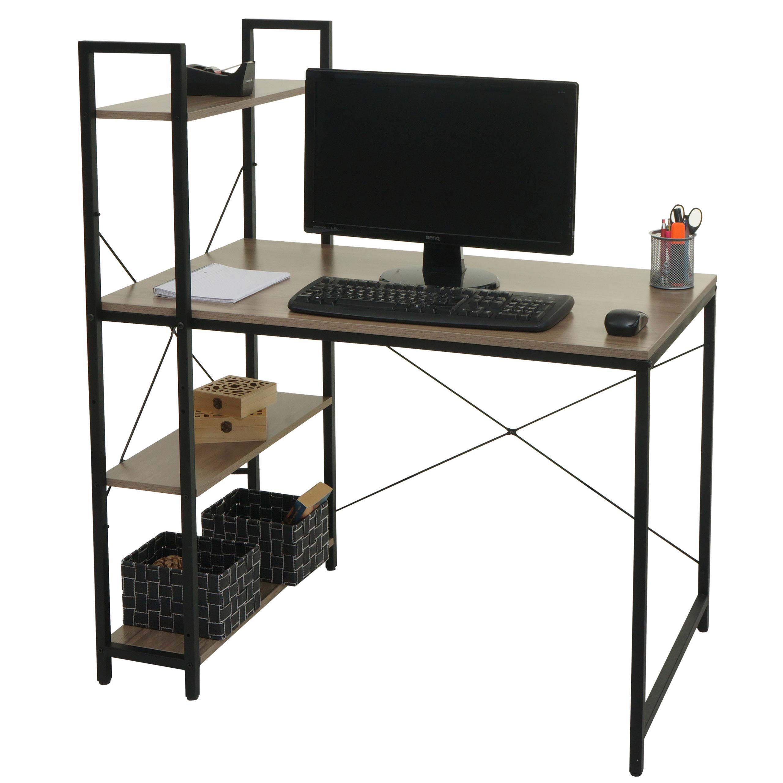 Schreibtisch mit Regal MCW-K81, Laptoptisch B&uuml;rotisch Arbeitstisch, 100x60cm Metall MDF ~ grau-braun 