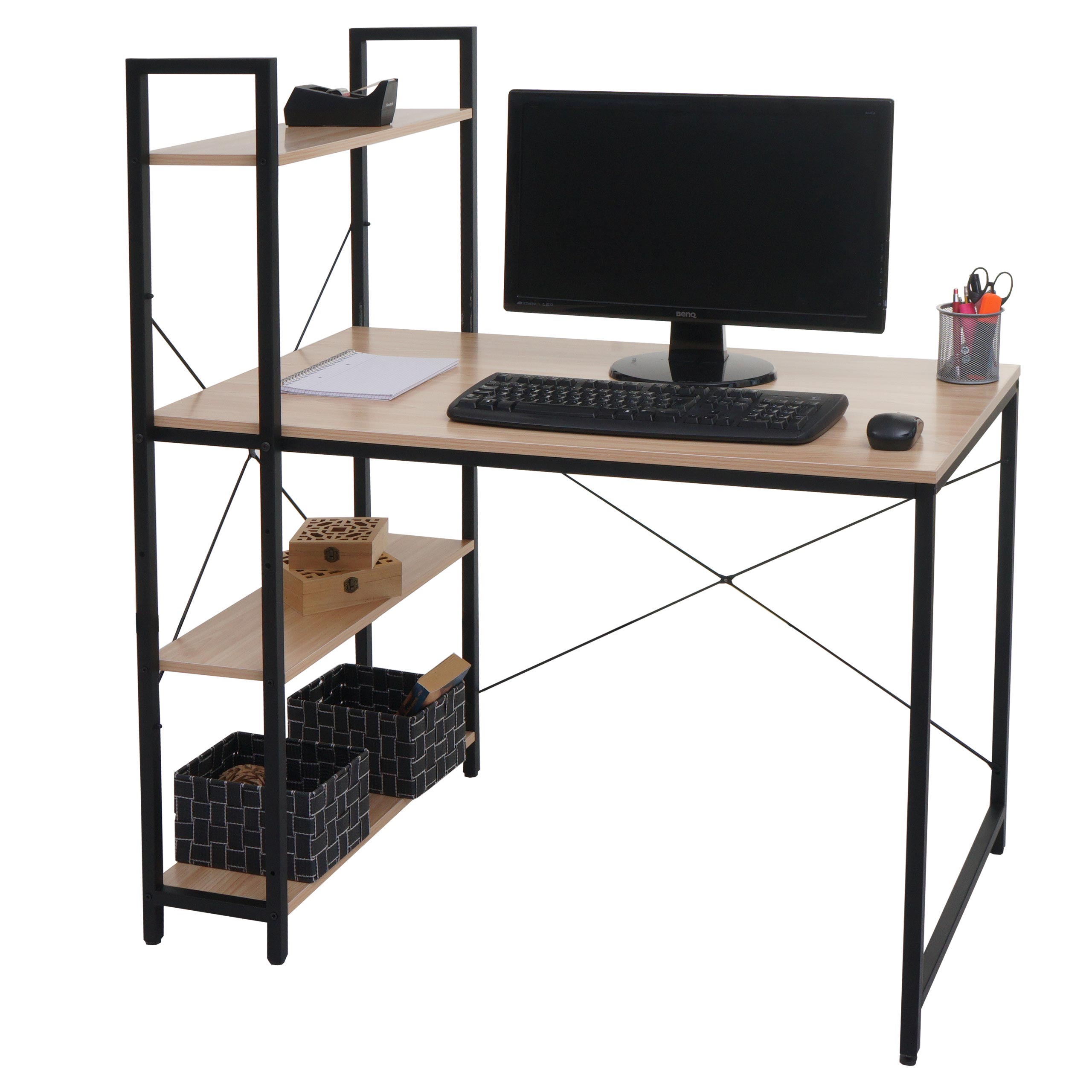 Schreibtisch mit Regal MCW-K81, Laptoptisch B&uuml;rotisch Arbeitstisch, 100x60cm Metall Holz ~ natur 