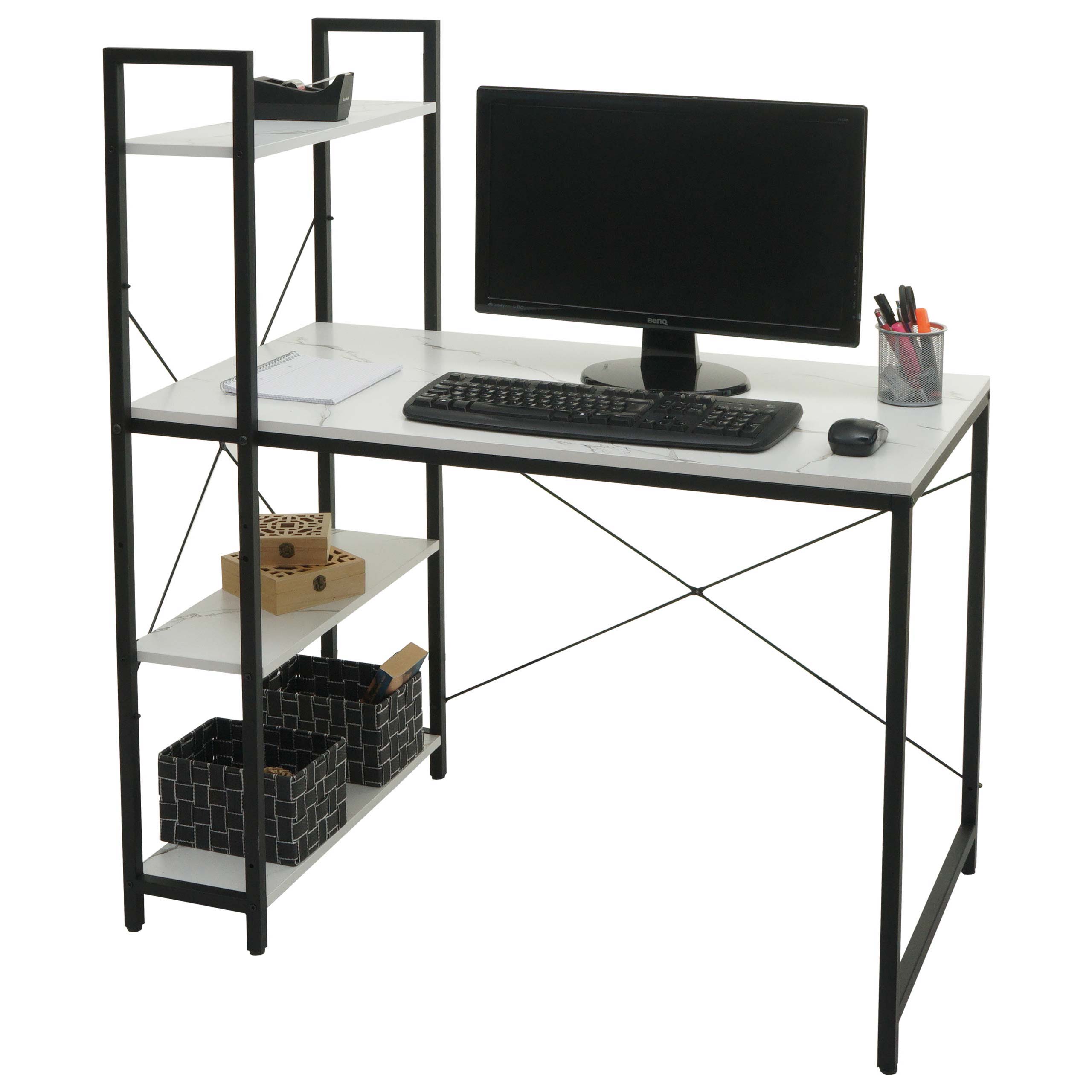 Schreibtisch mit Regal MCW-K81, Laptoptisch B&uuml;rotisch Arbeitstisch, 100x60cm Metall MDF ~ Marmor-Optik wei&szlig; 