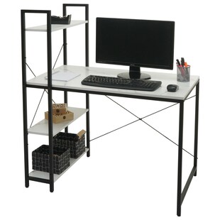 Schreibtisch mit Regal MCW-K81, Laptoptisch Bürotisch Arbeitstisch, 100x60cm Metall MDF ~ Marmor-Optik weiß 