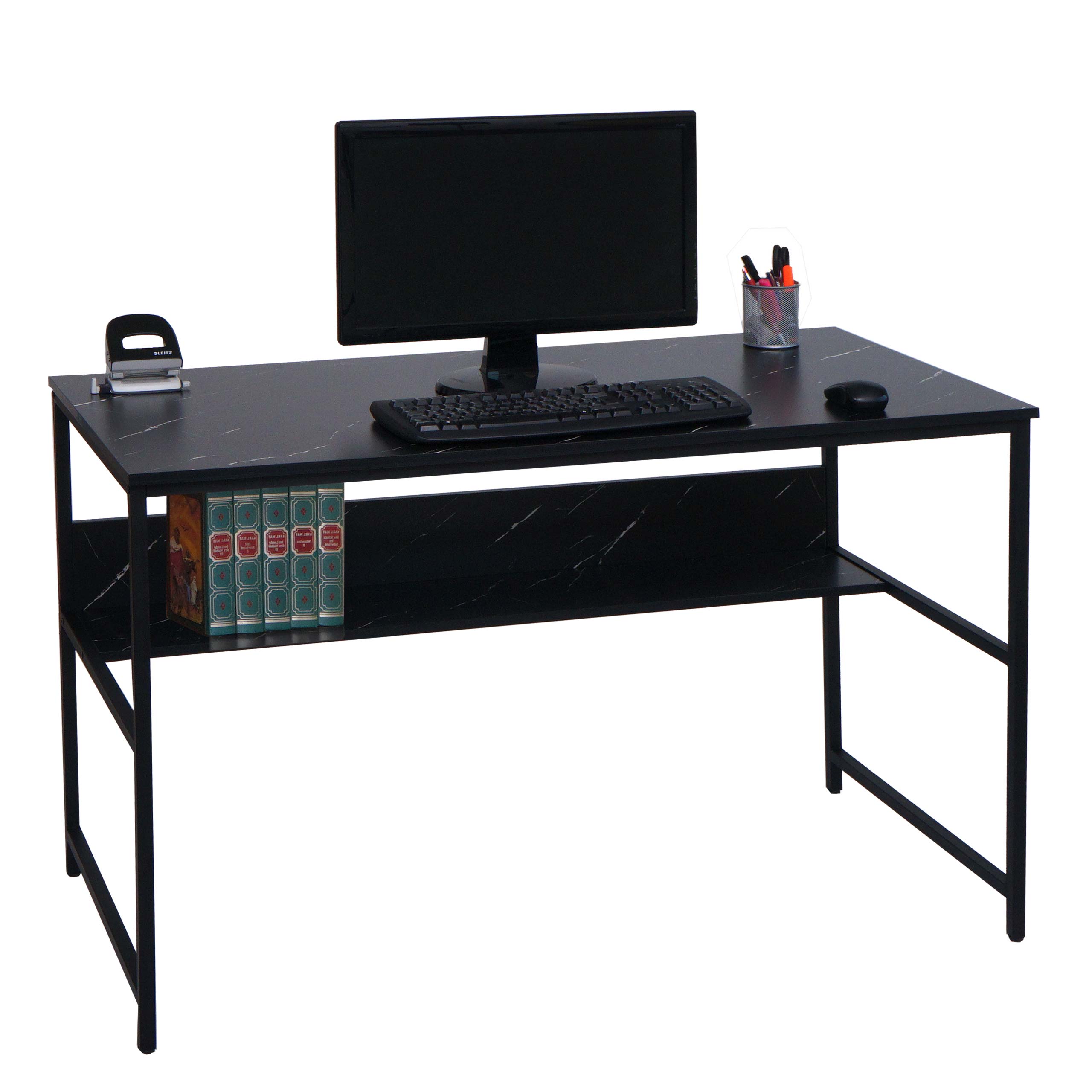 Schreibtisch MCW-K80, B&uuml;rotisch Computertisch Arbeitstisch Ablage, Metall MDF 120x60cm ~ Marmor-Optik schwarz 