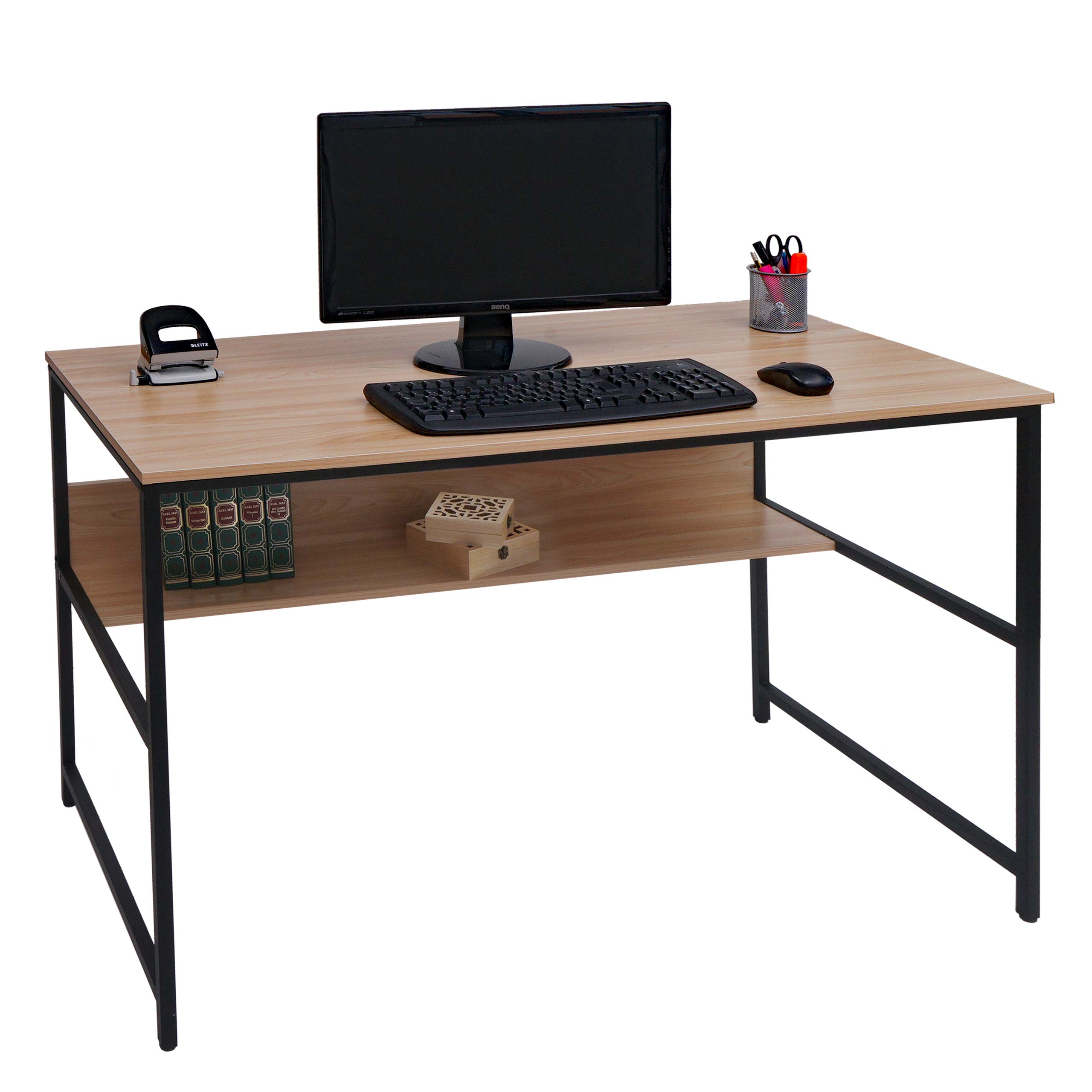 Schreibtisch McW-K80, B&uuml;rotisch Computertisch Arbeitstisch Ablage, Metall MDF 120x60cm ~ natur 