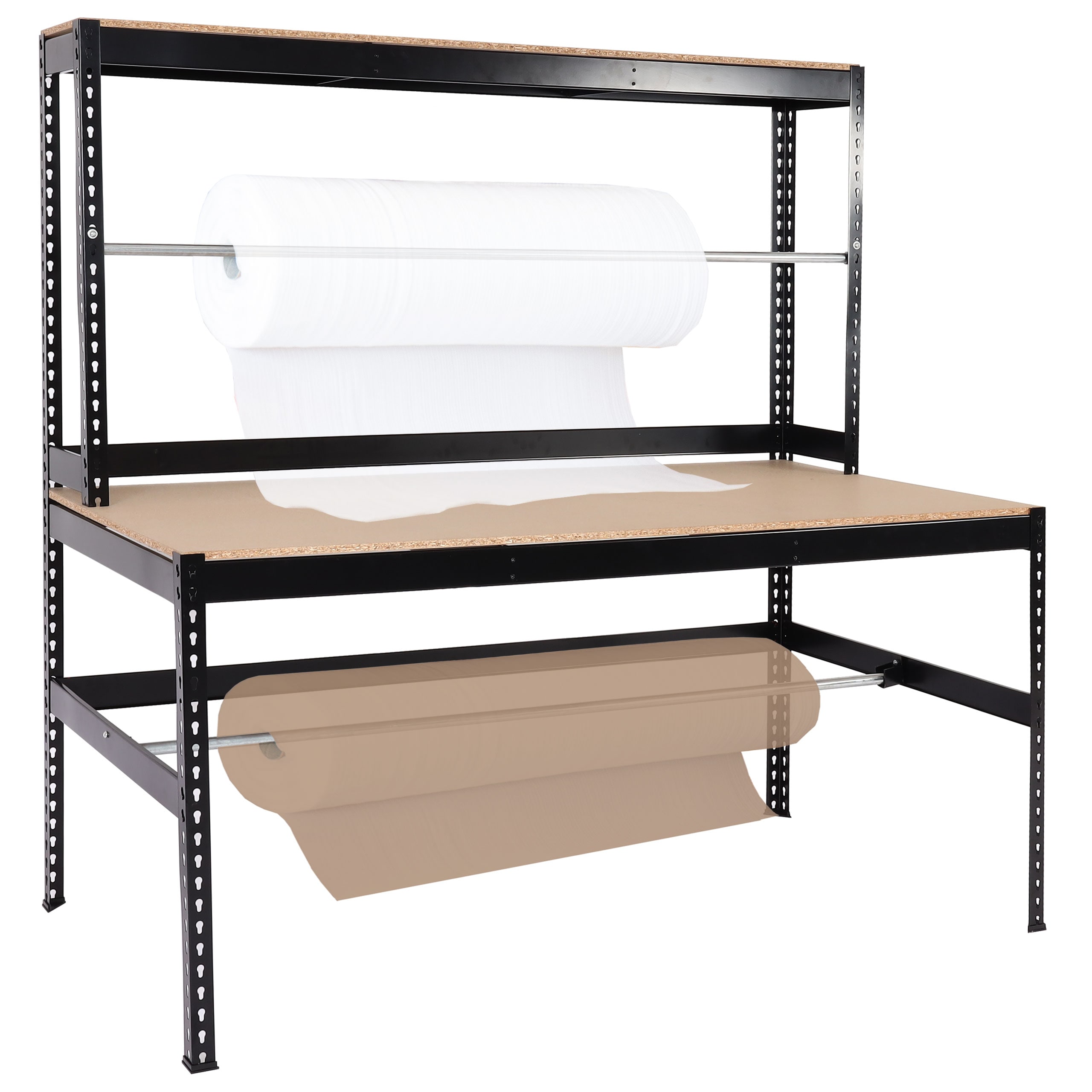 Packstation MCW-J84, Packtisch Arbeitstisch Werktisch, Rollenhalter h&ouml;henverstellbar, Holz Stahl 183x183x90cm, schwarz 
