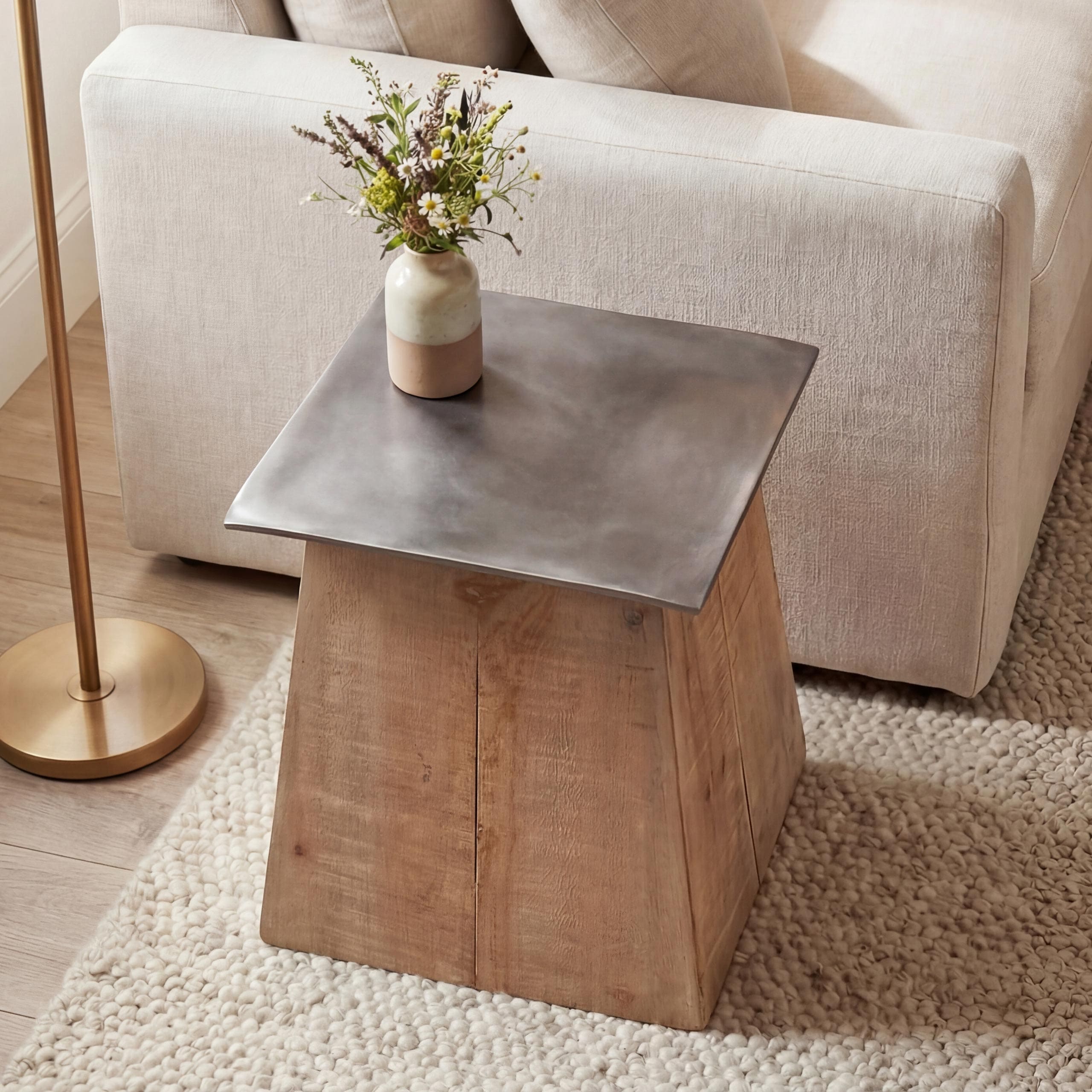 Beistelltisch MCW-L76b, Blumentisch Tisch, Industrial Massiv-Holz MVG-zertifiziert 45x36x36cm, natur mit Metall-Optik 