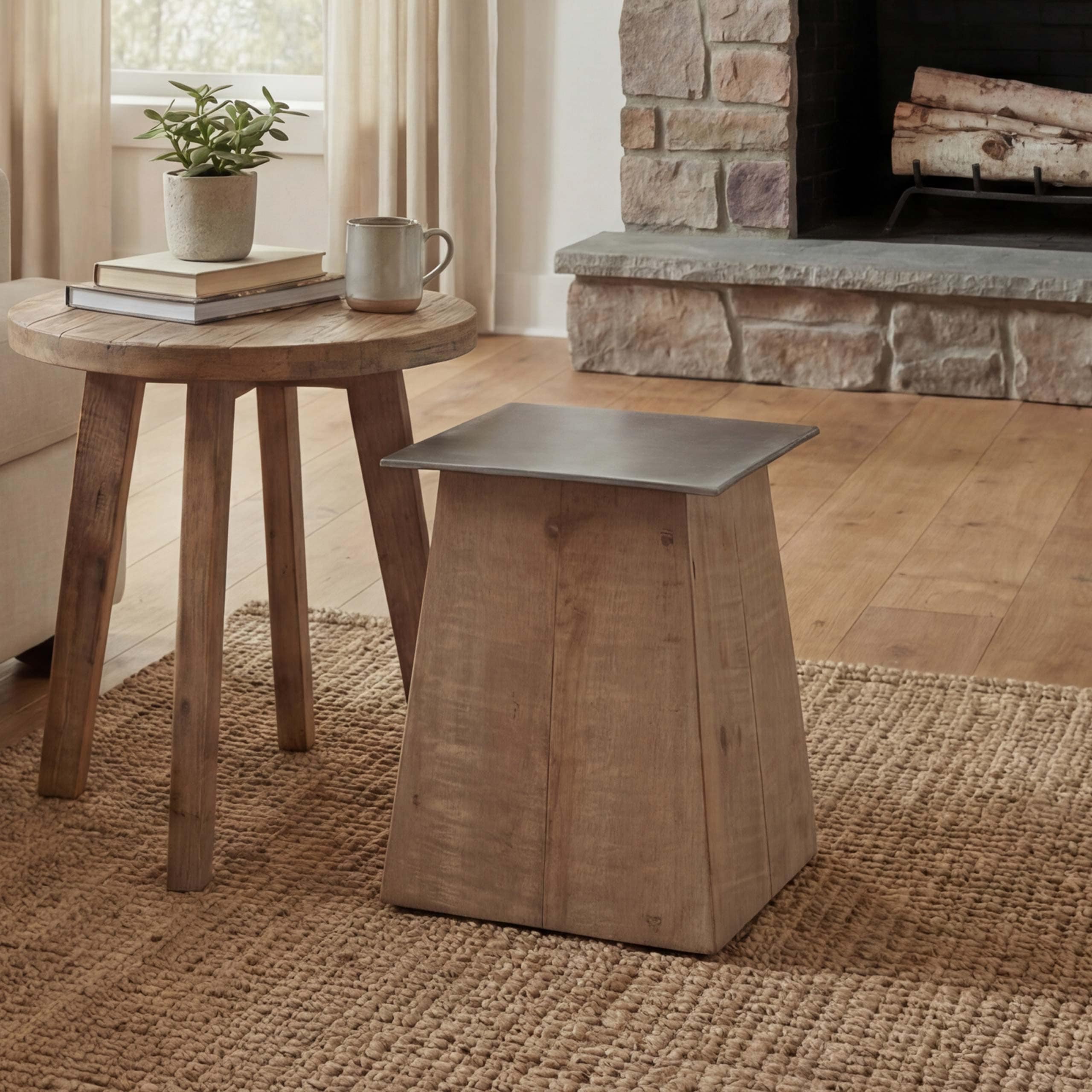 Hocker MCW-L76, Sitzhocker Holzhocker, Industrial Massiv-Holz MVG-zertifiziert, natur mit Metall-Optik 