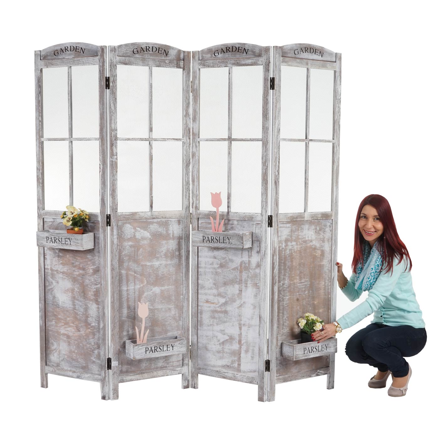 Paravent MCW-M66, Raumteiler Trennwand Sichtschutz, Pflanzk&ouml;rbe 4 Paneele, Shabby-Look 170x180x22cm, braun-grau 