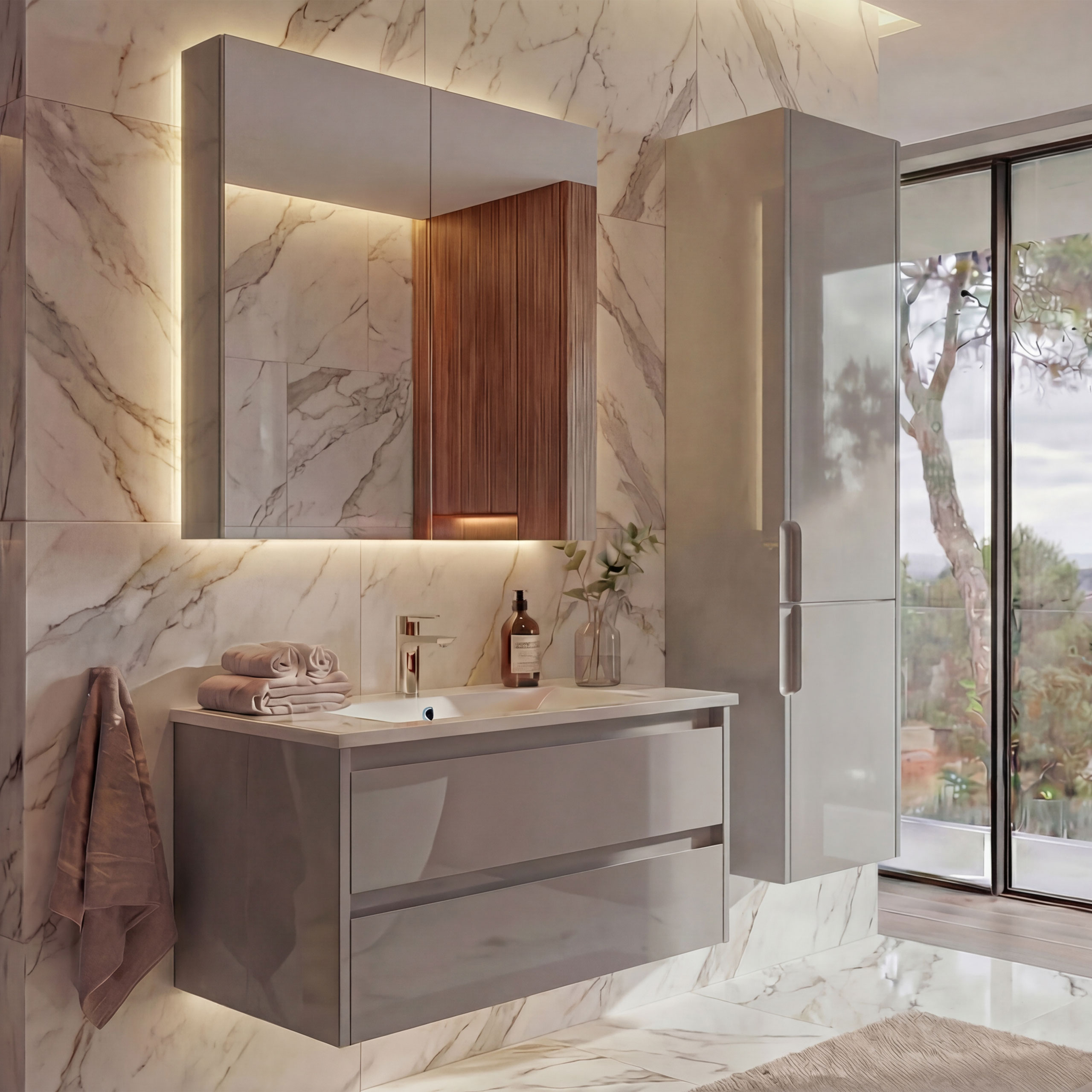 Badezimmerset MCW-B19b, Waschtisch Spiegelschrank H&auml;ngeschrank, hochglanz MVG-zertifiziert ~ grau 