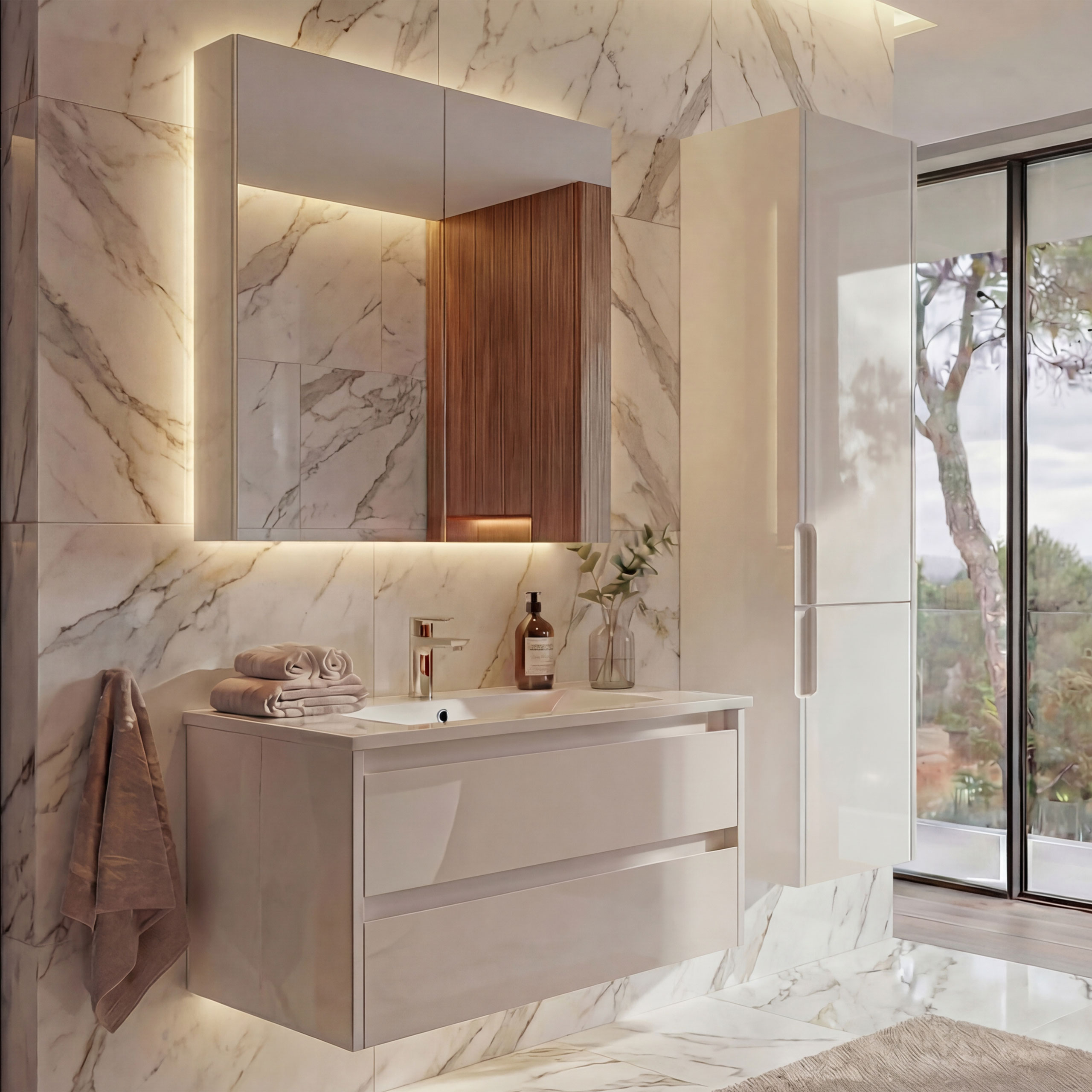 Badezimmerset MCW-B19b, Waschtisch Spiegelschrank H&auml;ngeschrank, hochglanz MVG-zertifiziert ~ wei&szlig; 