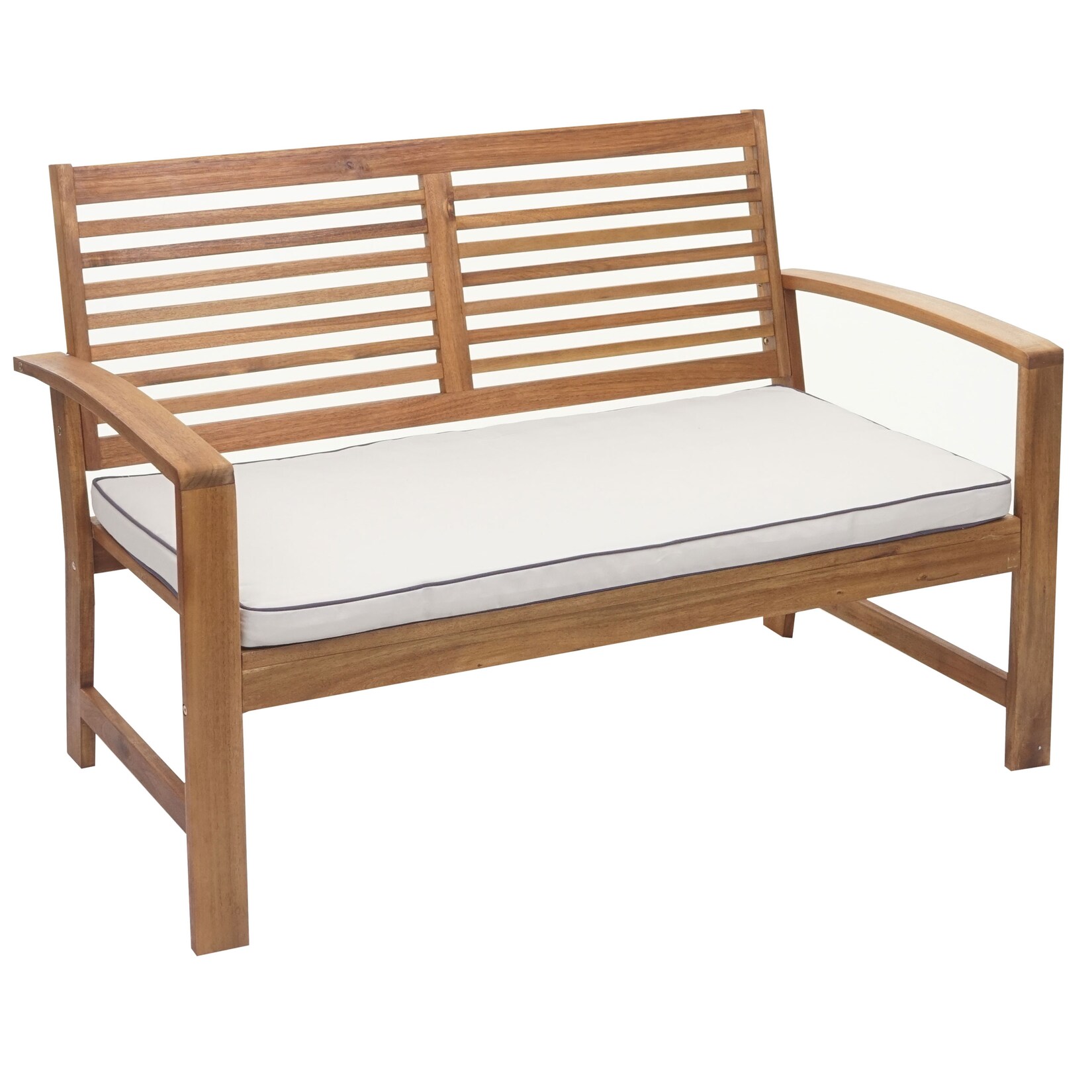Gartenbank -E99, Bank Sitzbank 2-Sitzer, Akazie Holz massiv MVG-zertifiziert 112cm, braun Polster creme