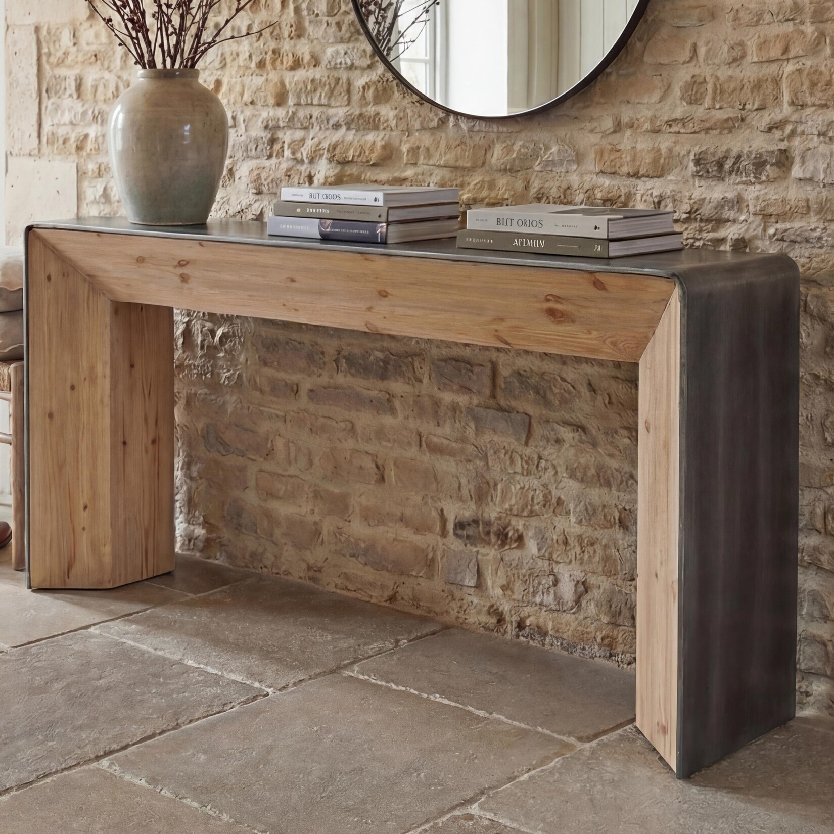 Konsolentisch -L76, Telefontisch Beistelltisch Tisch, Industrial Massiv-Holz MVG, 80x120x40cm natur mit Metall-Optik