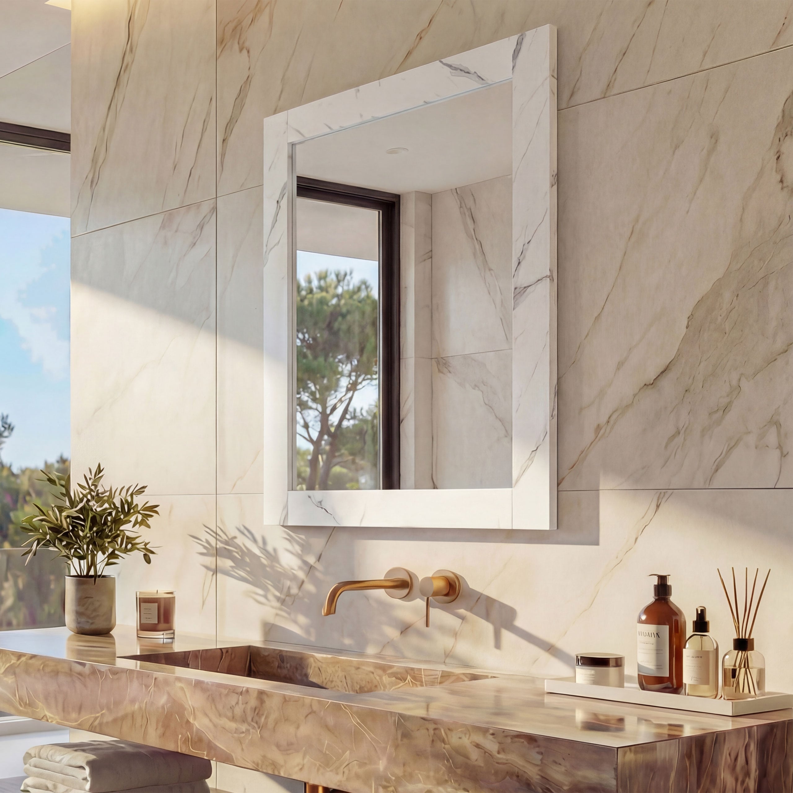 Wandspiegel MCW-L86, Badezimmer Badspiegel Spiegel Badm&ouml;bel, MVG-zertifiziert 72x52cm ~ Marmor-Optik wei&szlig; 