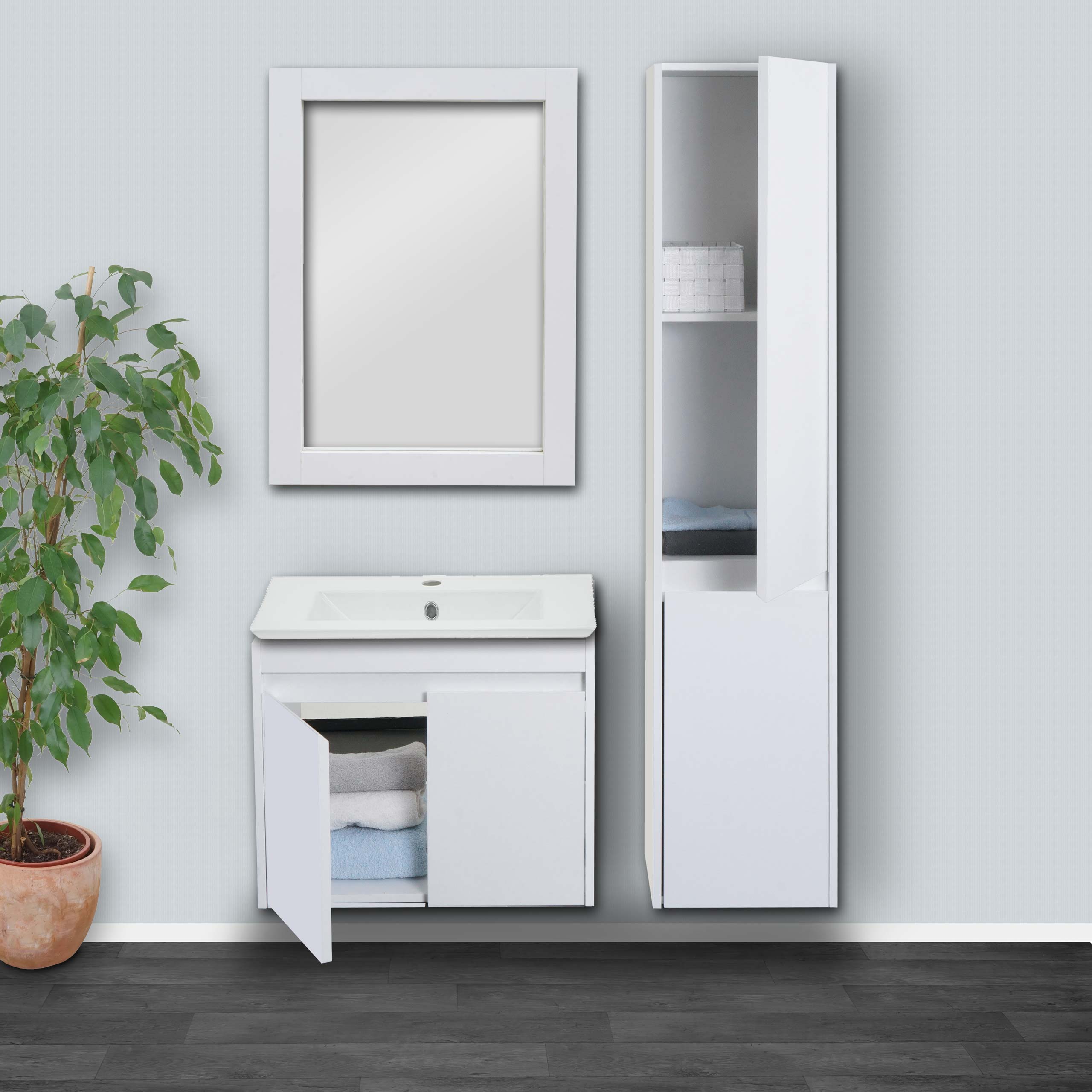 Badezimmerset MCW-L86, Waschtisch Wandspiegel H&auml;ngeschrank Waschbecken, MVG-zertifiziert Melaminbeschichtet ~ wei&szlig; 