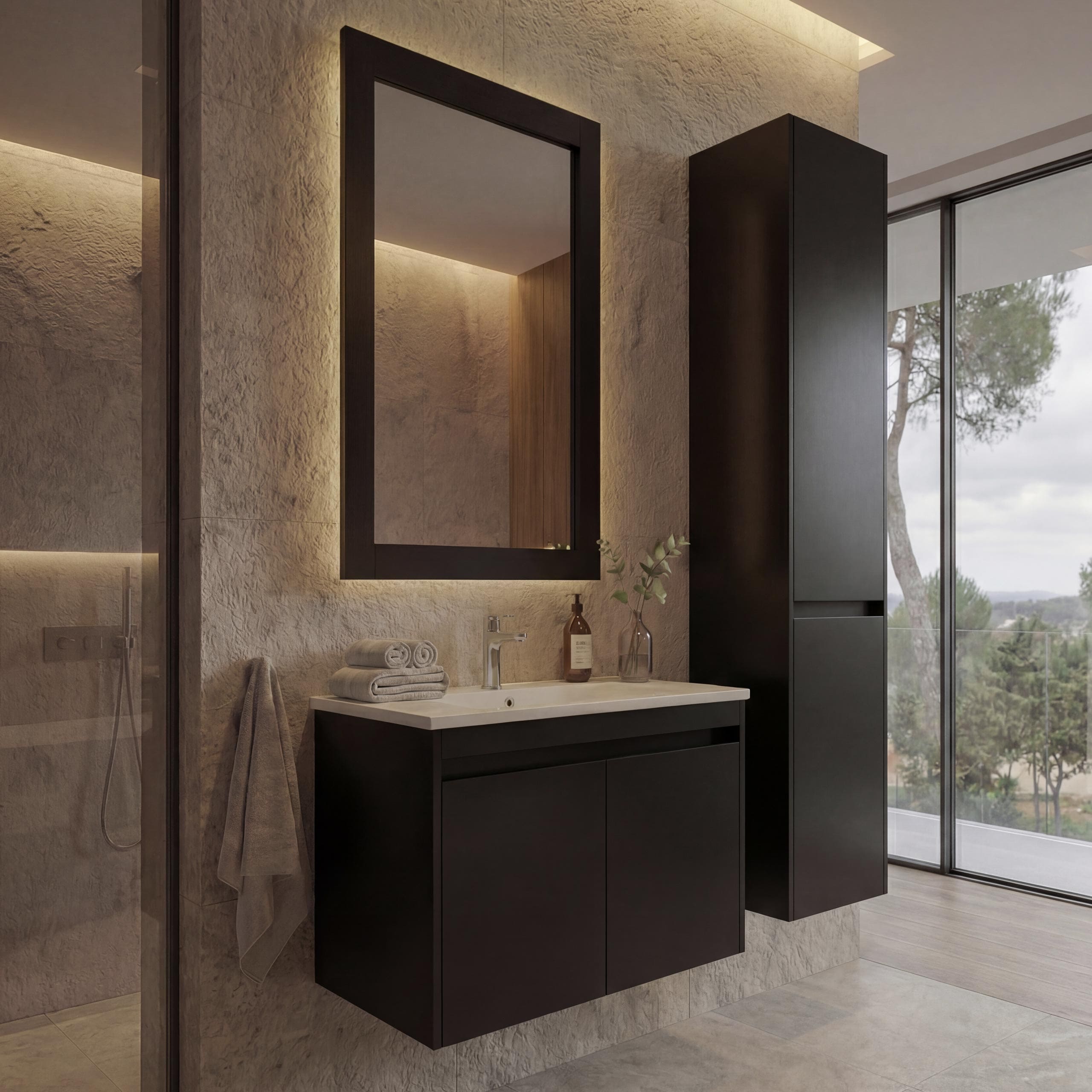 Badezimmerset MCW-L86, Waschtisch Wandspiegel H&auml;ngeschrank Waschbecken, MVG-zertifiziert Melaminbeschichtet ~ schwarz 