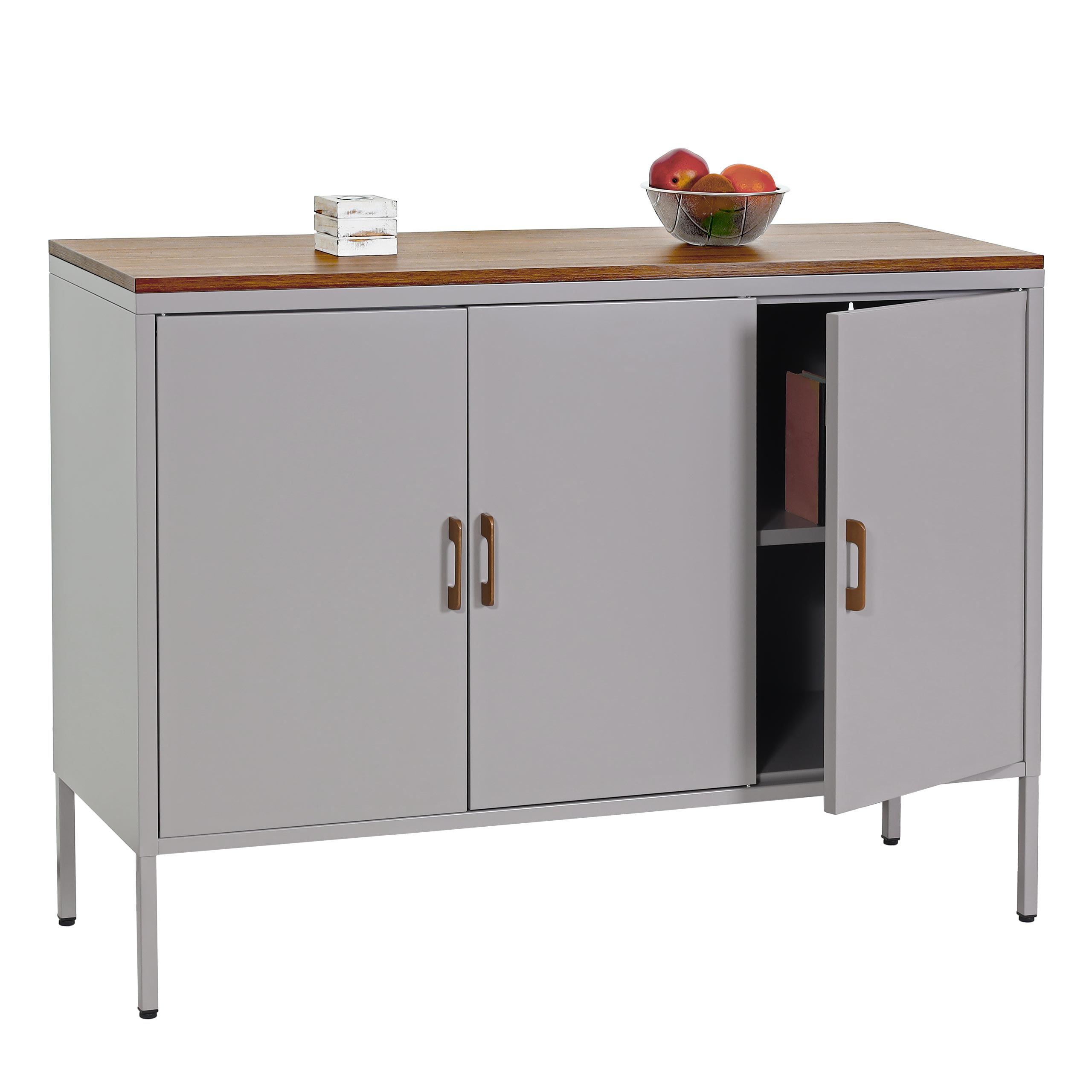 Kommode MCW-L84, Sideboard Schrank Anrichte, 3 T&uuml;ren Metall 90x120x40cm, Melamin beschichtet ~ grau 