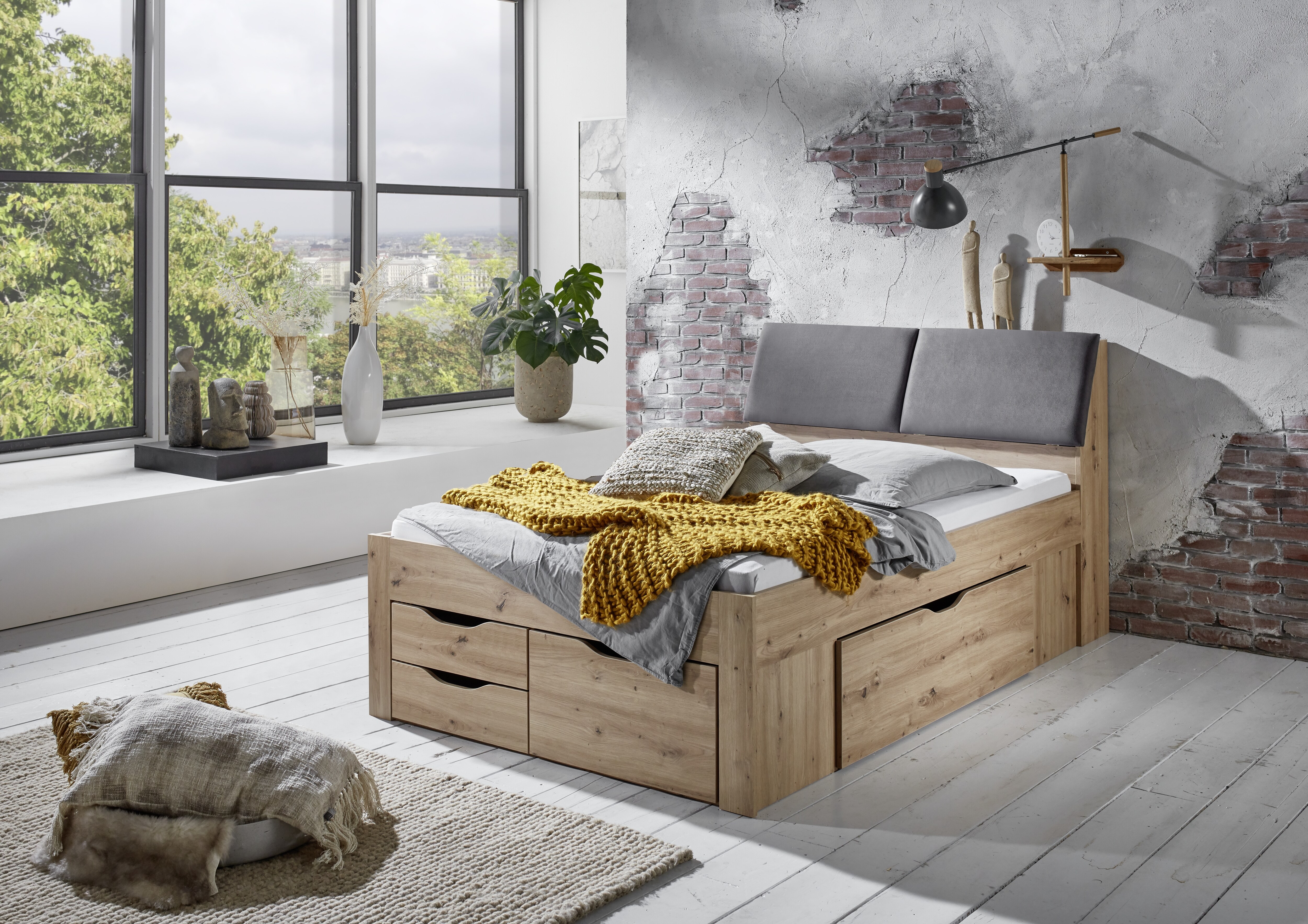 Relita - Funktionsbett Maxi 140 x 200 cm, ohne Lattenrost mit 5 Bettschubladen und Stauraum-Polster-Kopfteil, Ausf. Eiche Artisan Dekor 