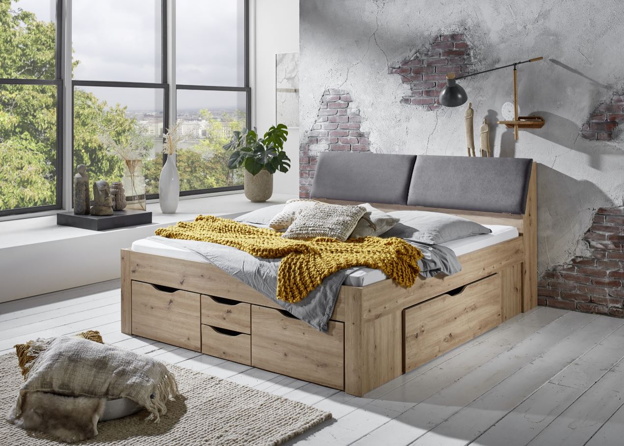 Relita - Funktionsbett Maxi 180 x 200 cm, ohne Lattenrost mit 6 Bettschubladen und Stauraum-Polster-Kopfteil, Ausf. Eiche Artisan Dekor 