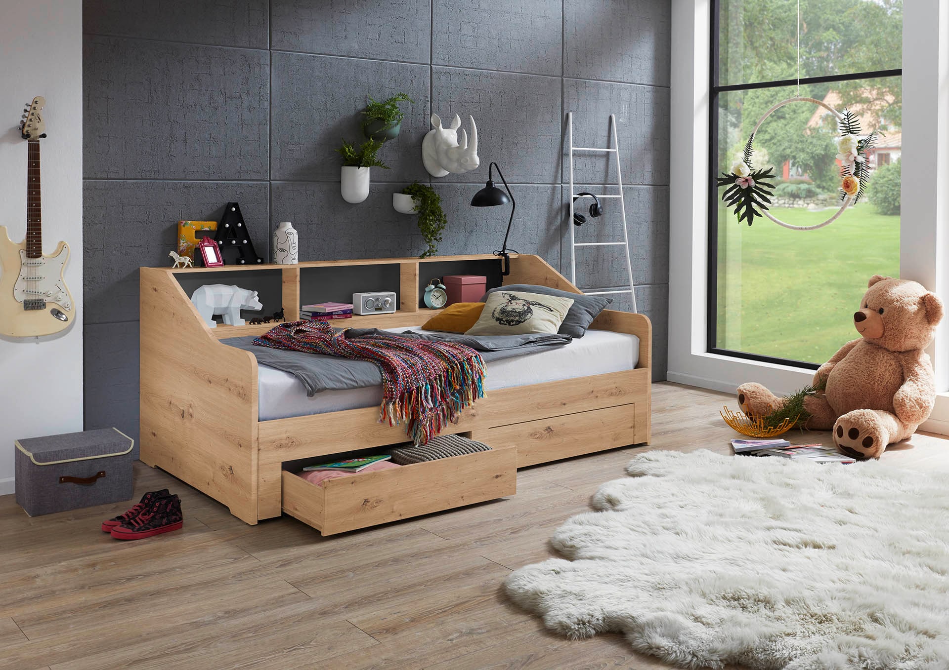 Relita - Funktionsbett Rene 90x 200 auf 180 x 200 cm Liegefl&auml;che ausziehbar, inkl. 2 Schubladen und Regal, Ausf. Eiche Artisan Dekor 