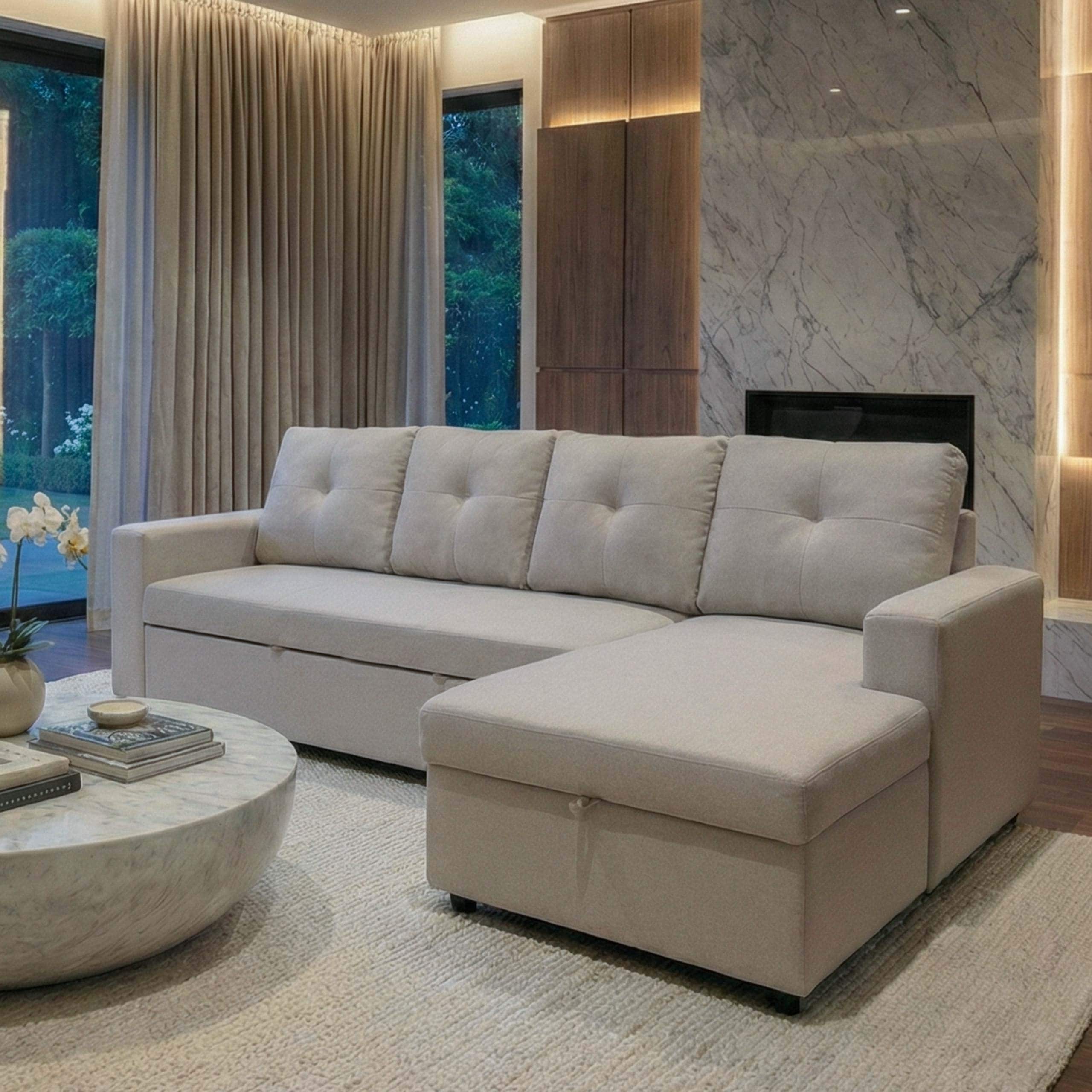 Ecksofa mit Bettkasten MCW-L16, Couch Sofa L-Form, Liegefl&auml;che rechts Nosagfederung Stoff/Textil 290cm ~ beige 