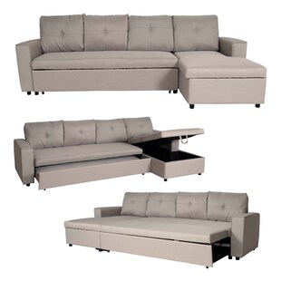 Ecksofa mit Bettkasten MCW-L16, Couch Sofa L-Form, Liegefläche links/rechts Nosagfederung Stoff/Textil 290cm ~ beige 