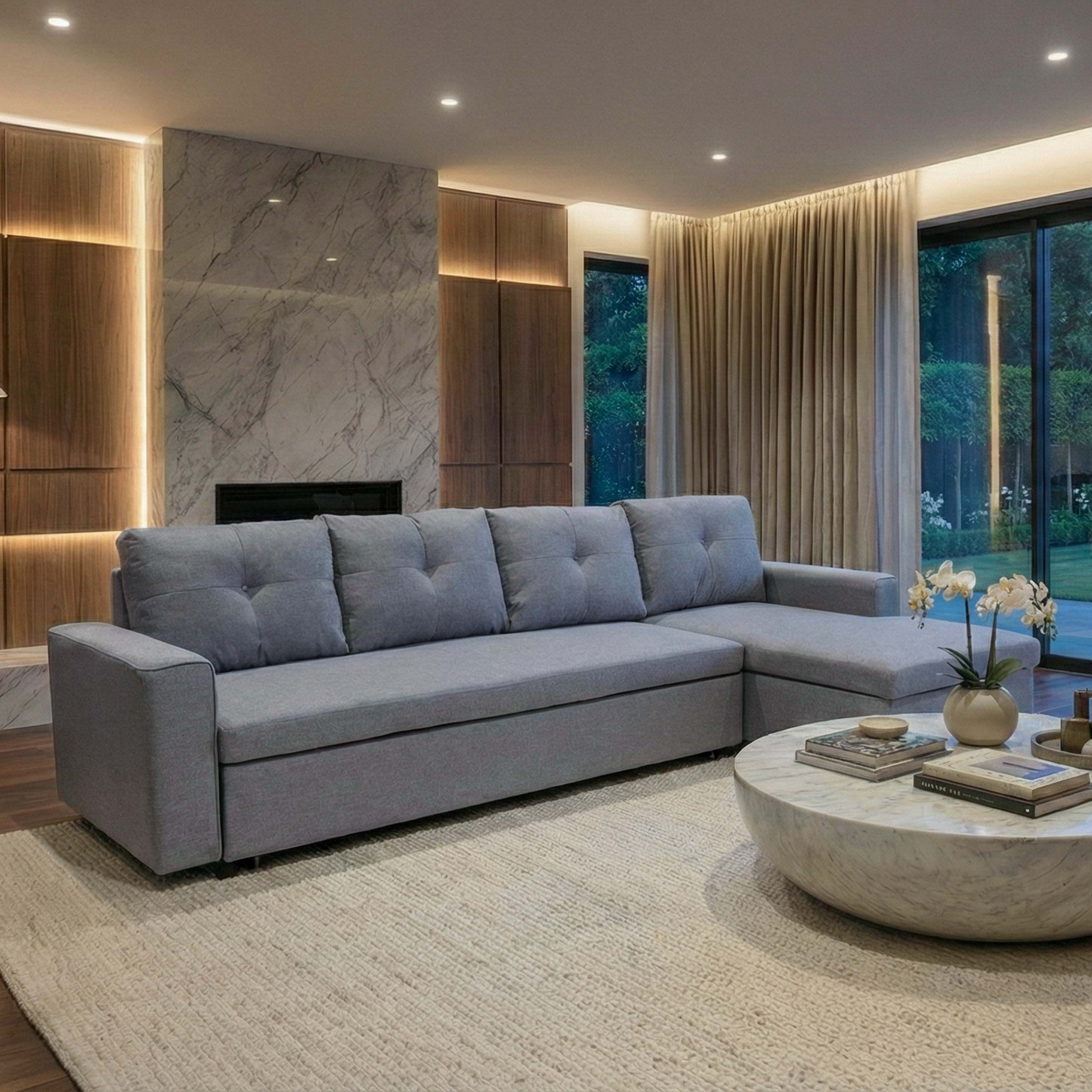 Ecksofa mit Bettkasten MCW-L16, Couch Sofa L-Form, Liegefl&auml;che rechts Nosagfederung Stoff/Textil 290cm ~ grau 