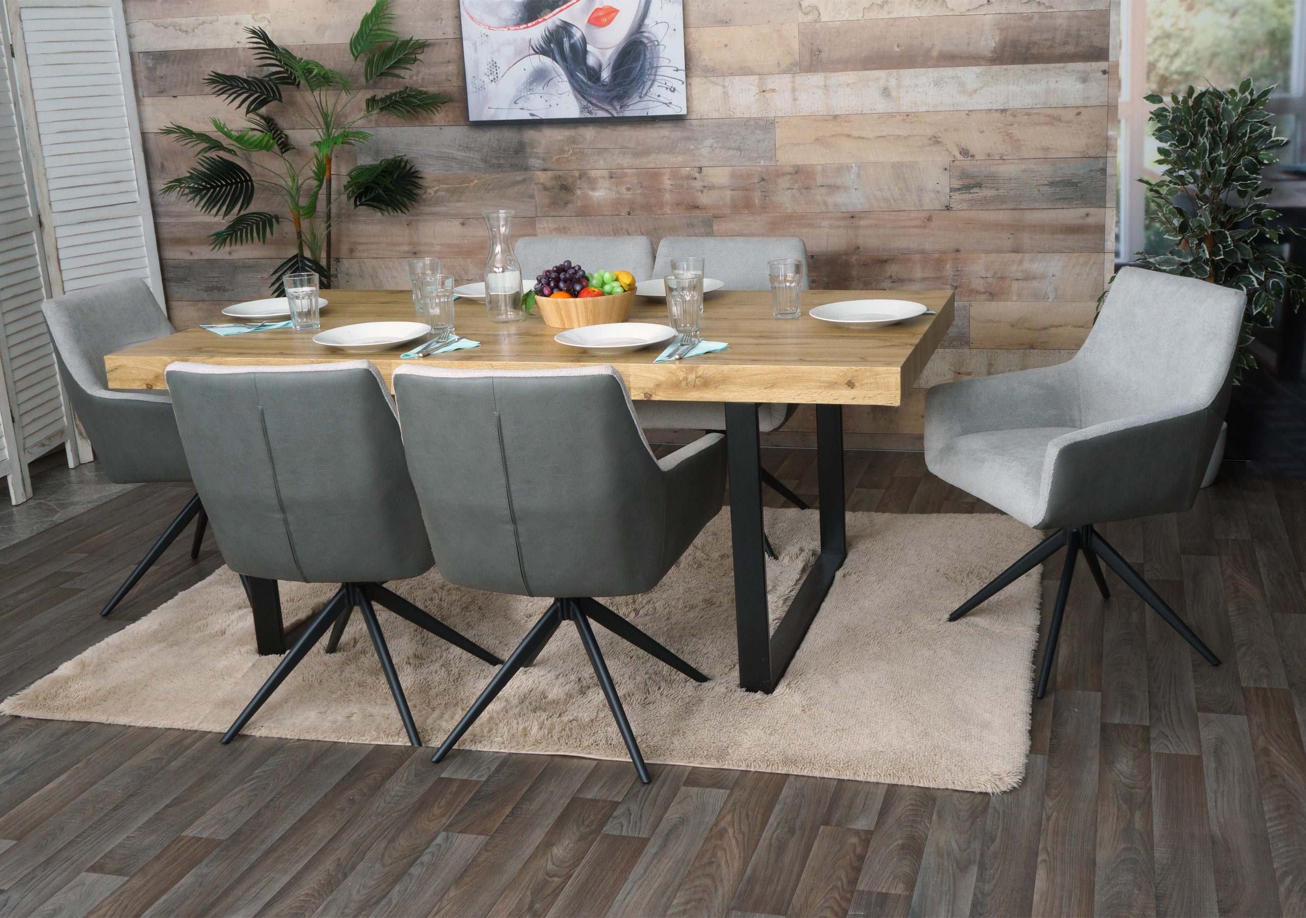 6er-Set Esszimmerstuhl MCW-L91, K&uuml;chenstuhl Armlehne drehbar Auto-Position Stoff MVG ~ hellgrau Kunstleder dunkelgrau 