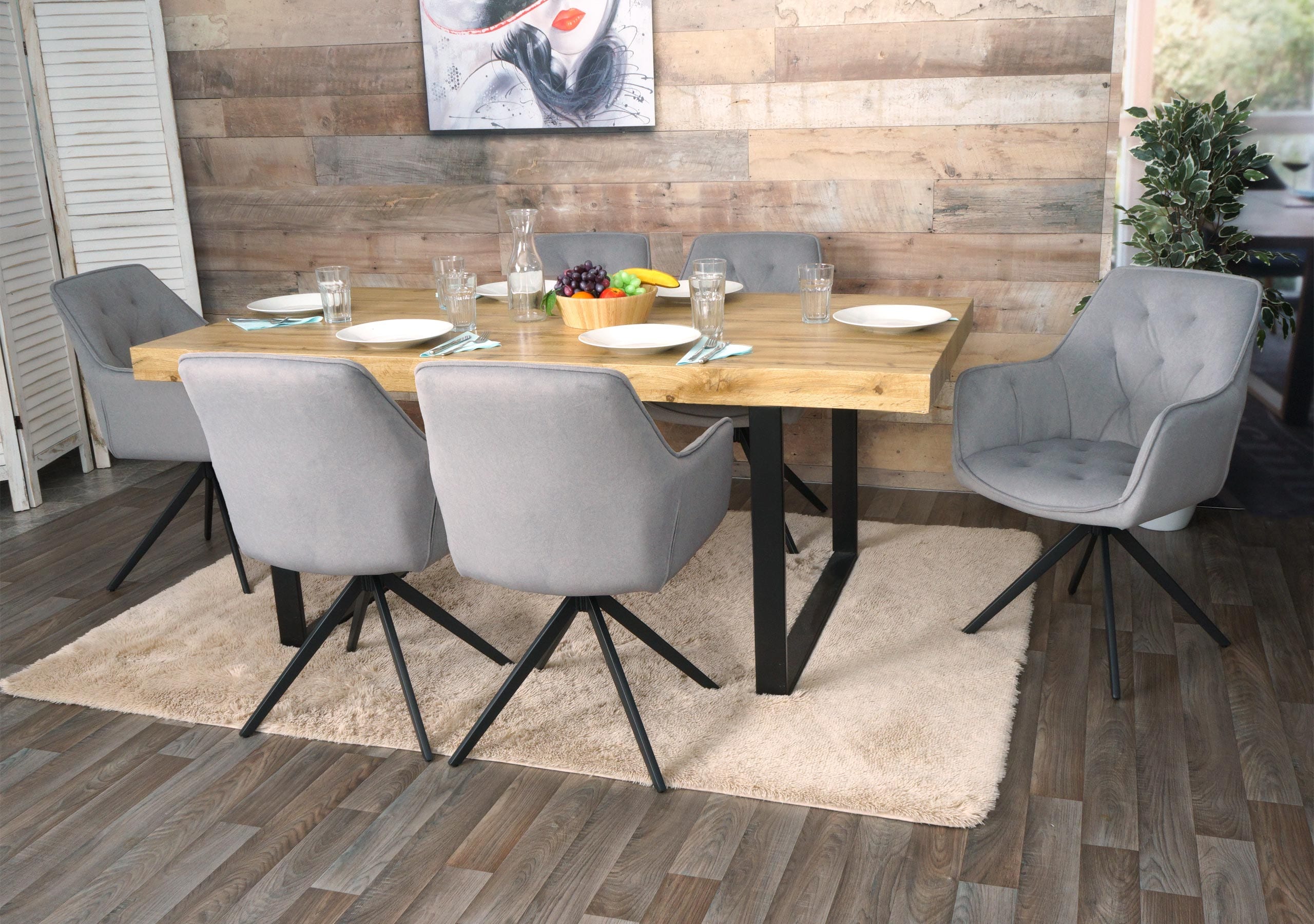 6er-Set Esszimmerstuhl MCW-L80, K&uuml;chenstuhl Polsterstuhl Stuhl mit Armlehne, drehbar, Metall Stoff/Textil ~ hellgrau 