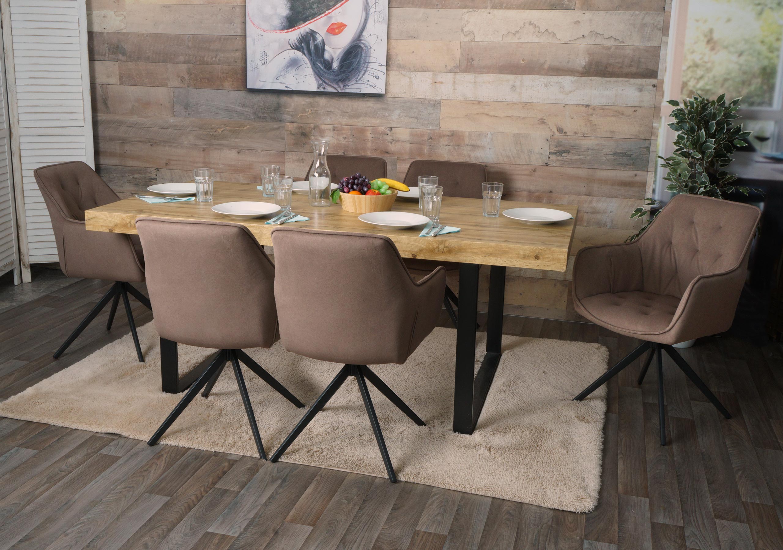 6er-Set Esszimmerstuhl MCW-L80, K&uuml;chenstuhl Polsterstuhl Stuhl mit Armlehne, drehbar, Metall Stoff/Textil ~ braun 