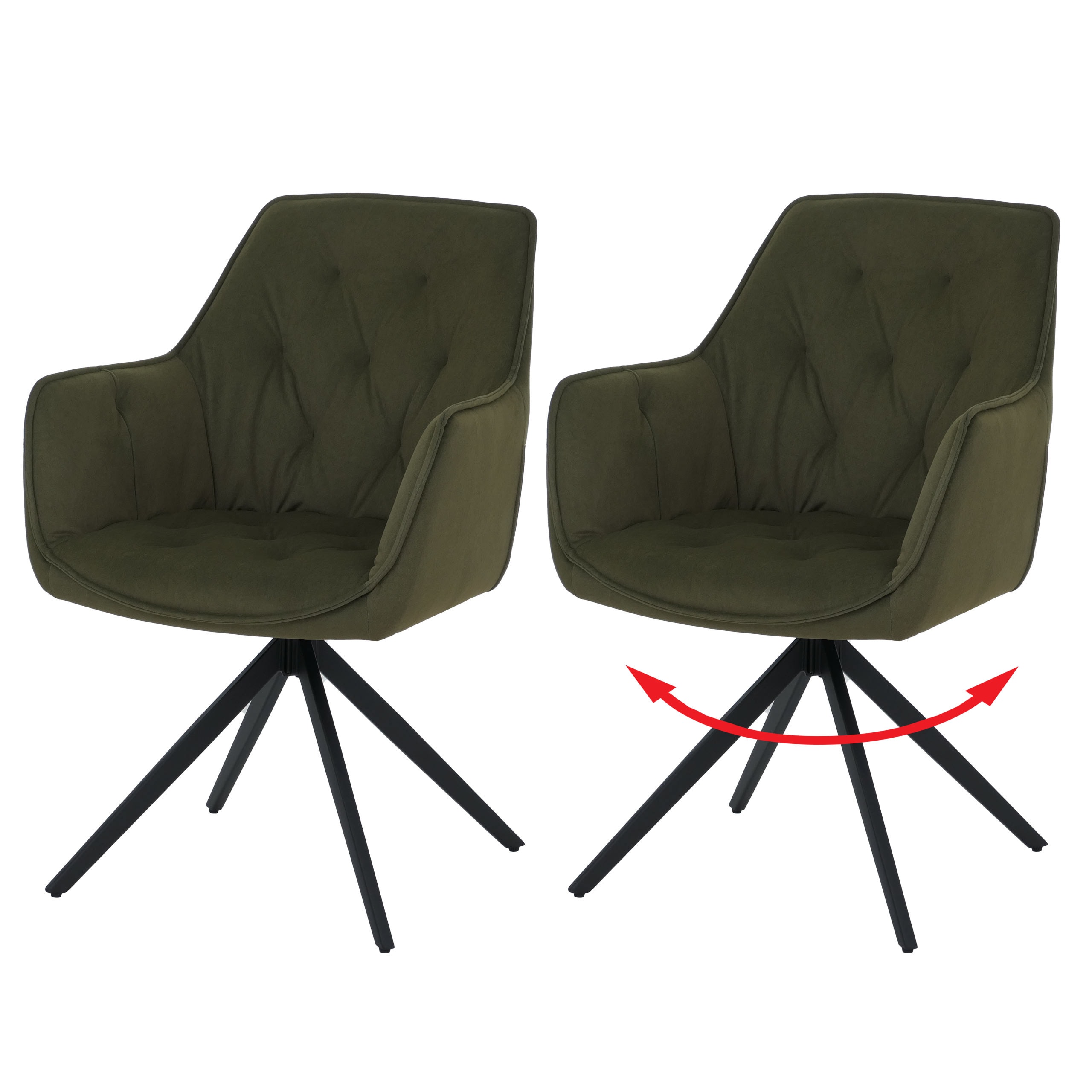 2er-Set Esszimmerstuhl MCW-L80, K&uuml;chenstuhl Polsterstuhl Stuhl mit Armlehne, drehbar, Metall Stoff/Textil ~ gr&uuml;n 