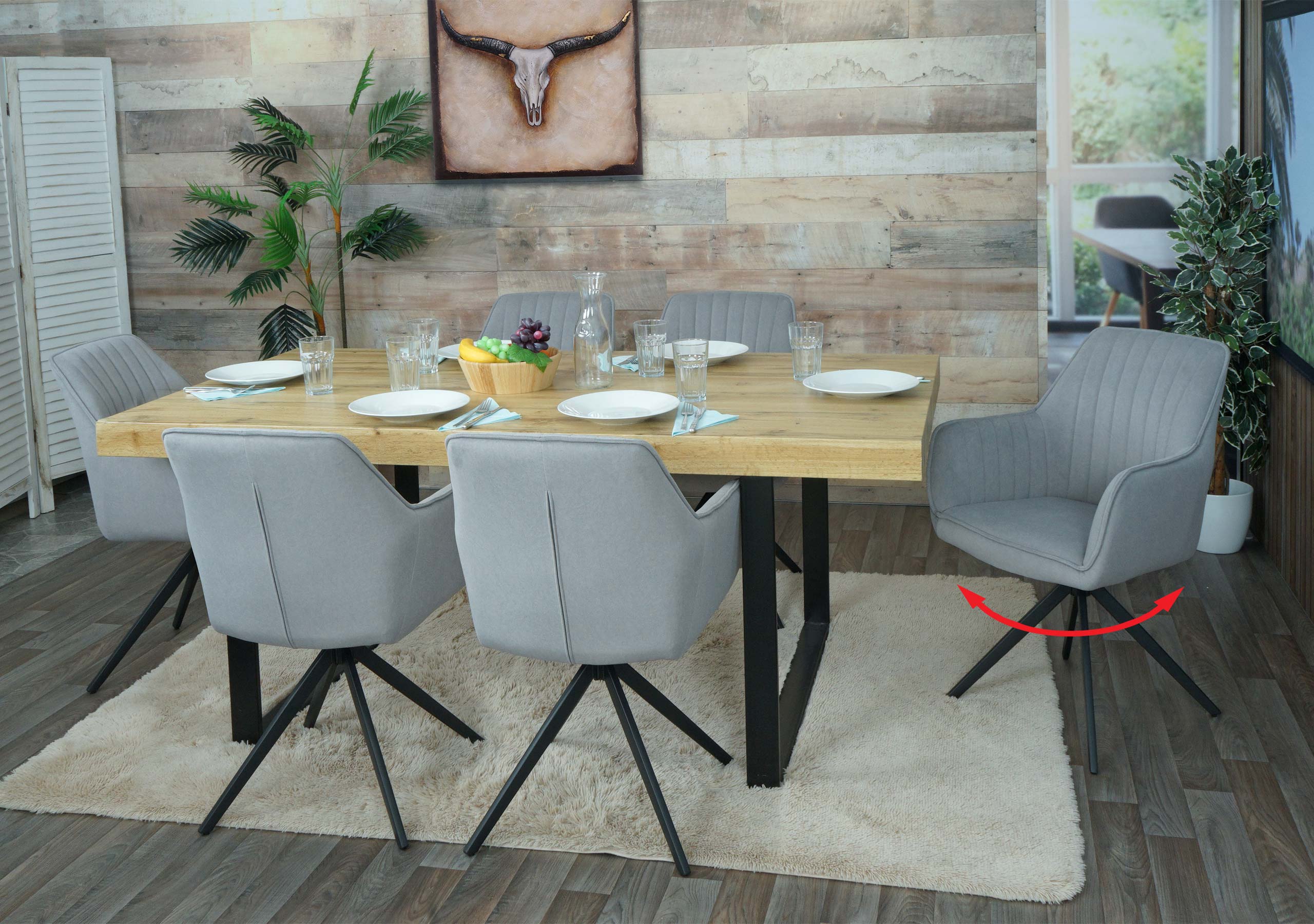 6er-Set Esszimmerstuhl MCW-L79, K&uuml;chenstuhl Lehnstuhl Stuhl Armlehnen, drehbar Auto-Position Stoff/Textil ~ hellgrau 