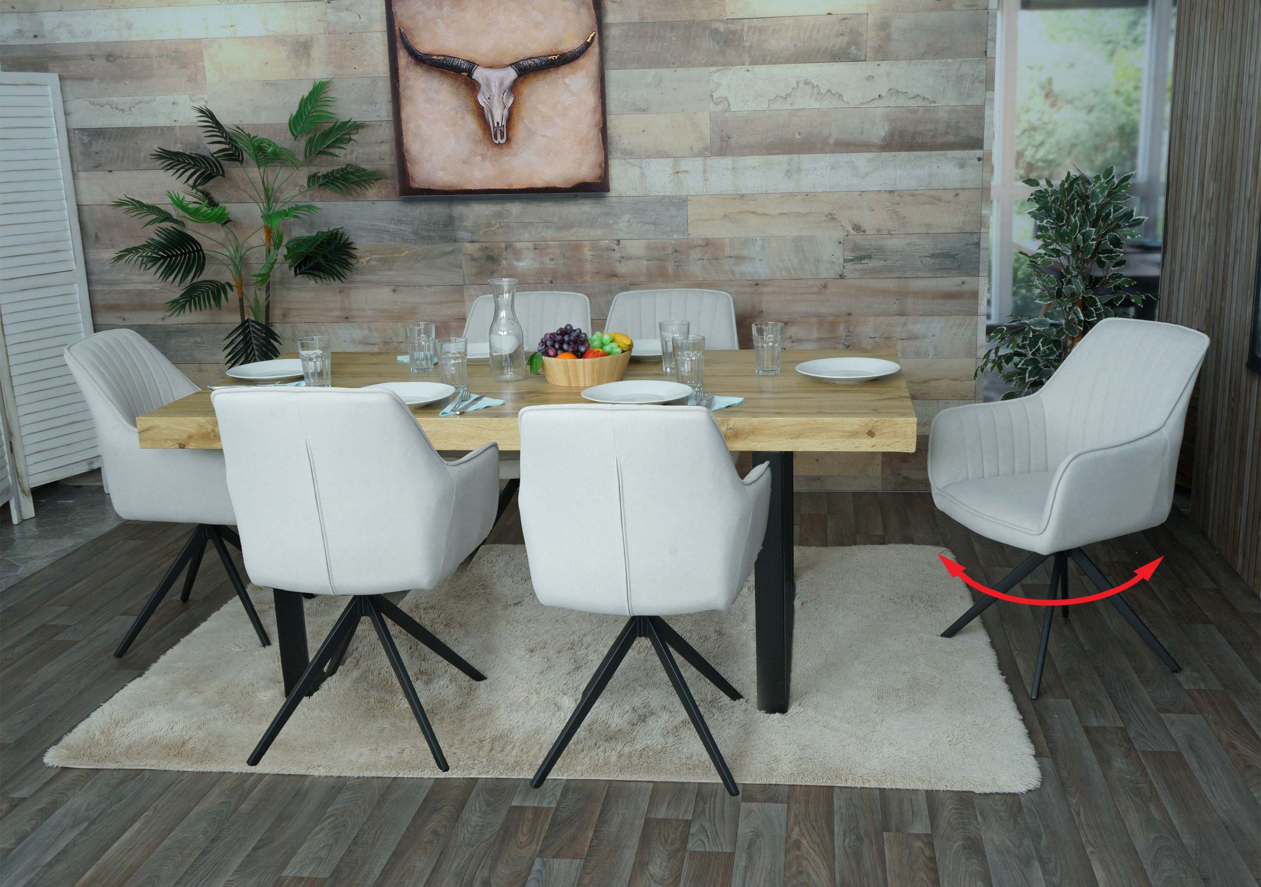 6er-Set Esszimmerstuhl MCW-L79, K&uuml;chenstuhl Lehnstuhl Stuhl Armlehnen, drehbar Auto-Position Stoff/Textil ~ creme-beige 