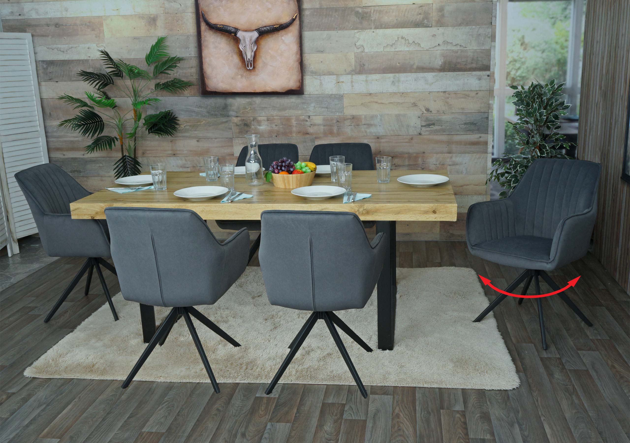 6er-Set Esszimmerstuhl MCW-L79, K&uuml;chenstuhl Lehnstuhl Stuhl Armlehnen, drehbar Auto-Position Stoff/Textil ~ anthrazit 