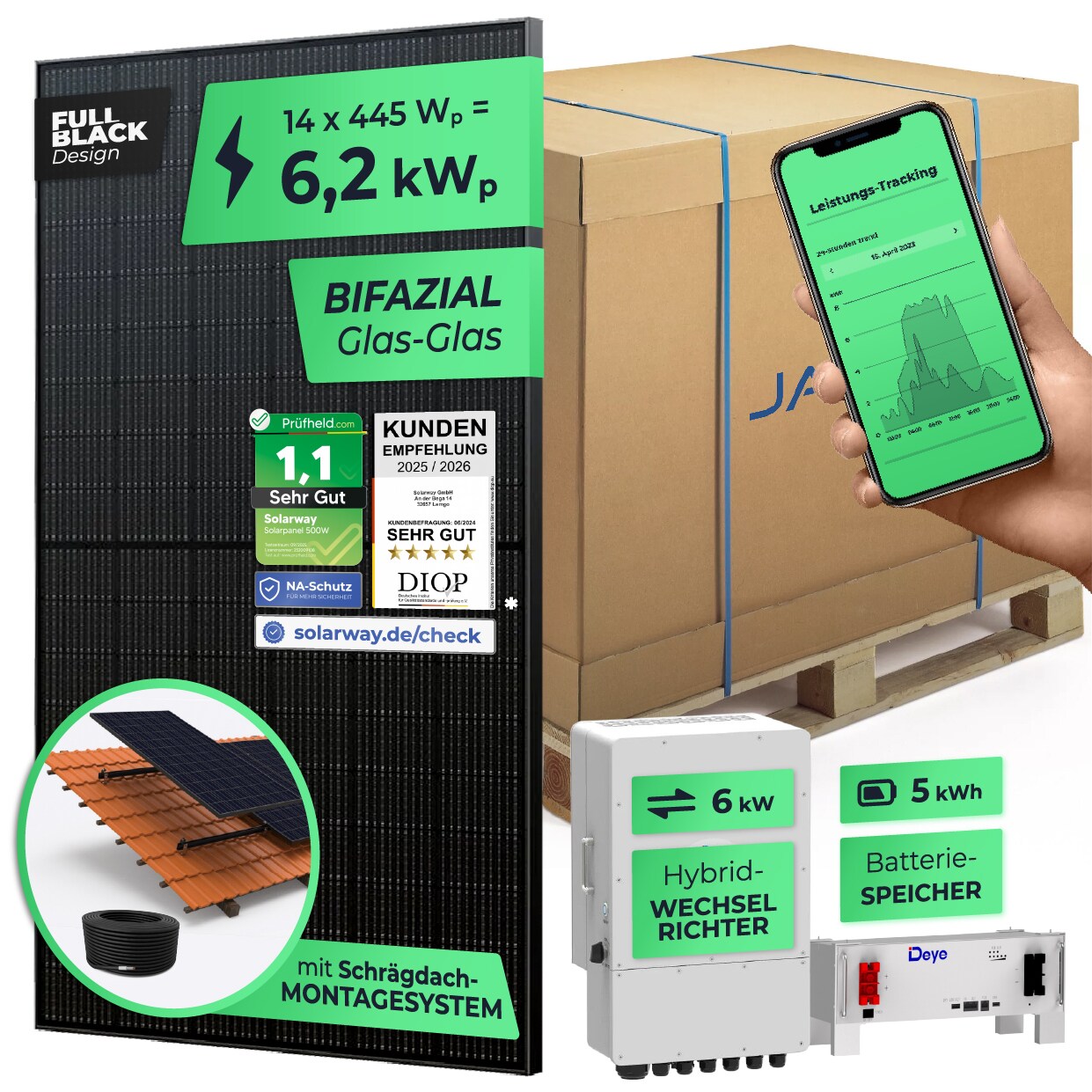 SOLARWAY 6,6 kW Solaranlage mit Speicher   Deye 6 kW   Bifazial inkl. Montagesystem, App & WiFi