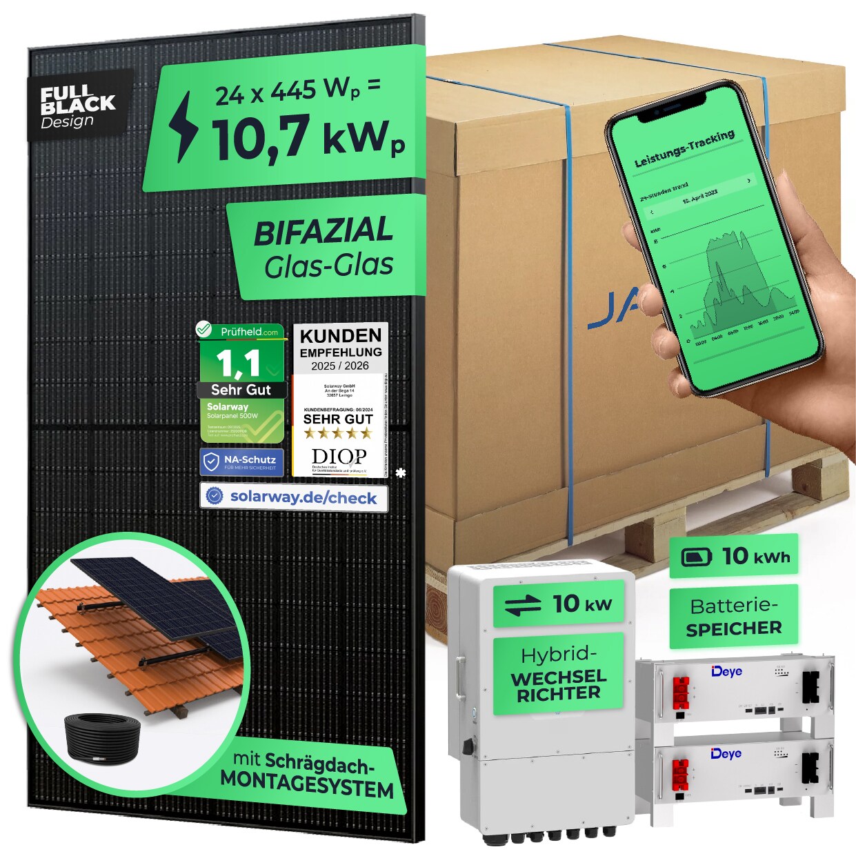 SOLARWAY 10,6kW Solaranlage mit Speicher   Deye 10 kW   Bifazial inkl. Montagesystem, App & WiFi