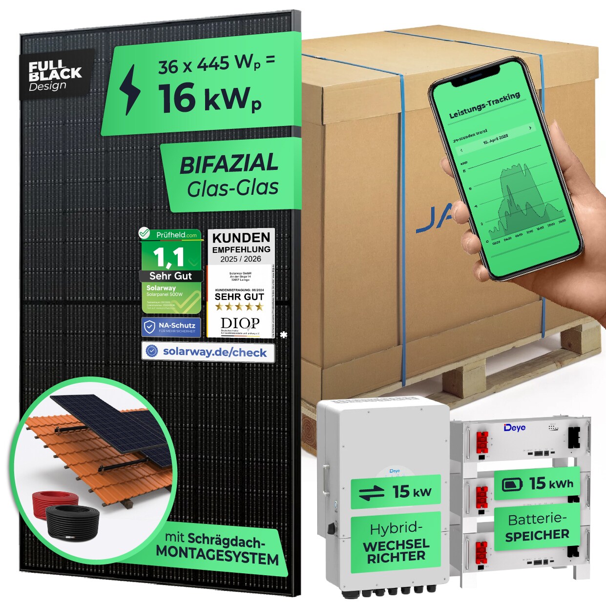 SOLARWAY 16kW Solaranlage mit Speicher   Deye 12 kW   Bifazial inkl. Montagesystem, App & WiFi
