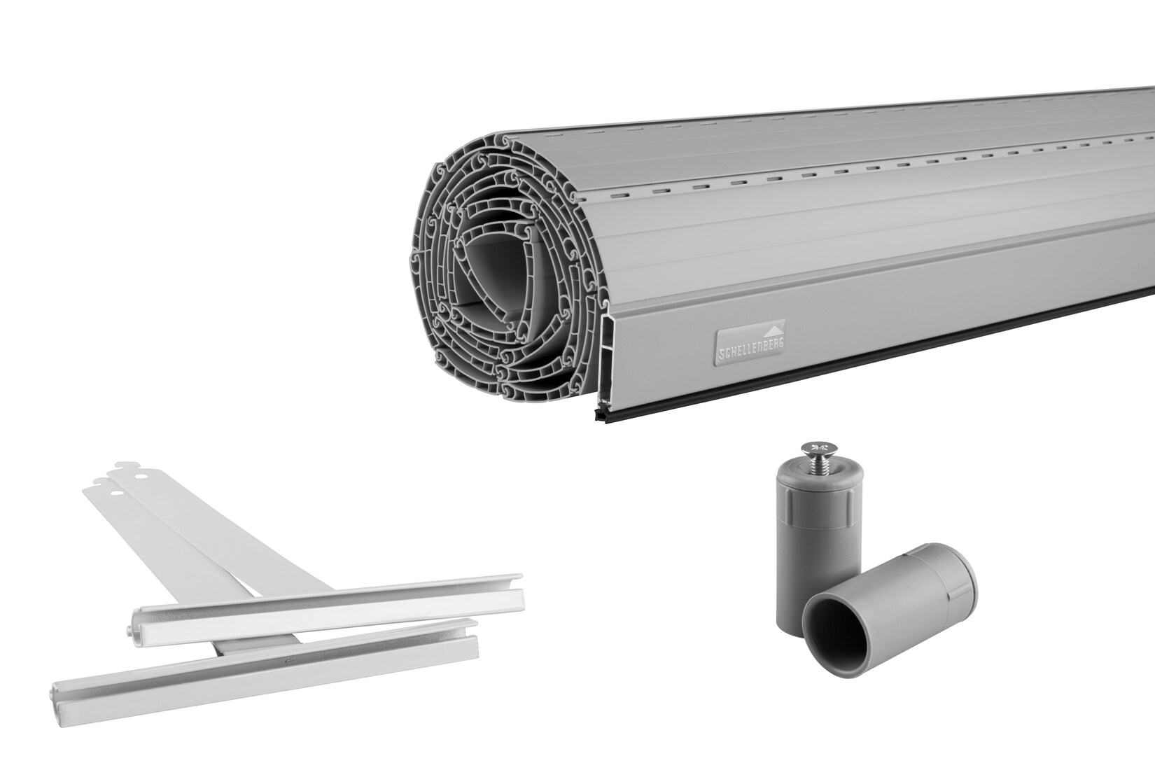 Rolladenpanzer Set PVC Mini, 70 x 90 cm, für 40 mm Stahlrohrwellen, inklusive Rolladen Aufhängefeder, Alu-Endleiste, Rolladenstopper, grau