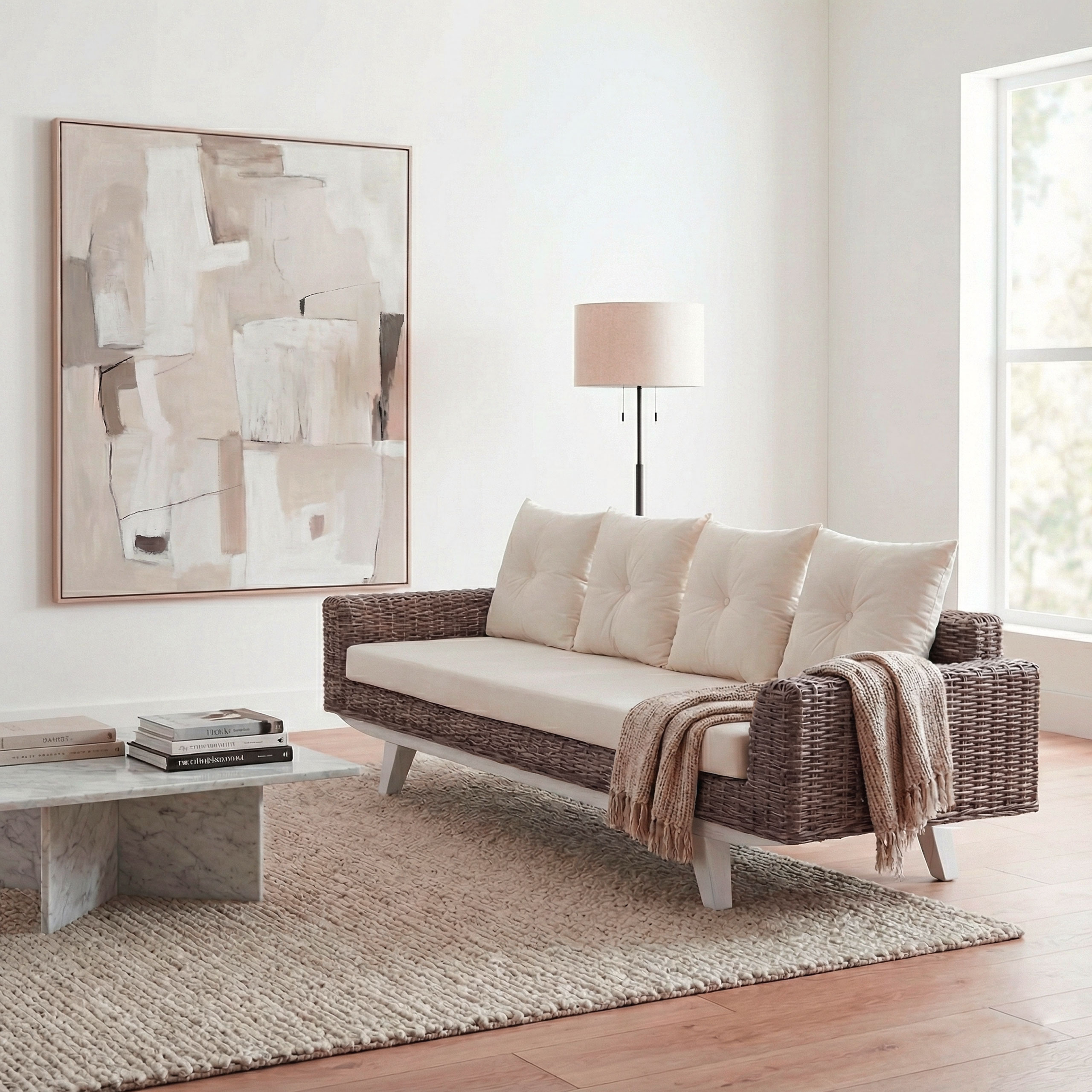 Sofa MCW-M32, 4-Sitzer Couch Rattansofa Loungesofa mit Kissen, 209cm Kubu Rattan natur Stoff/Textil Polster creme 