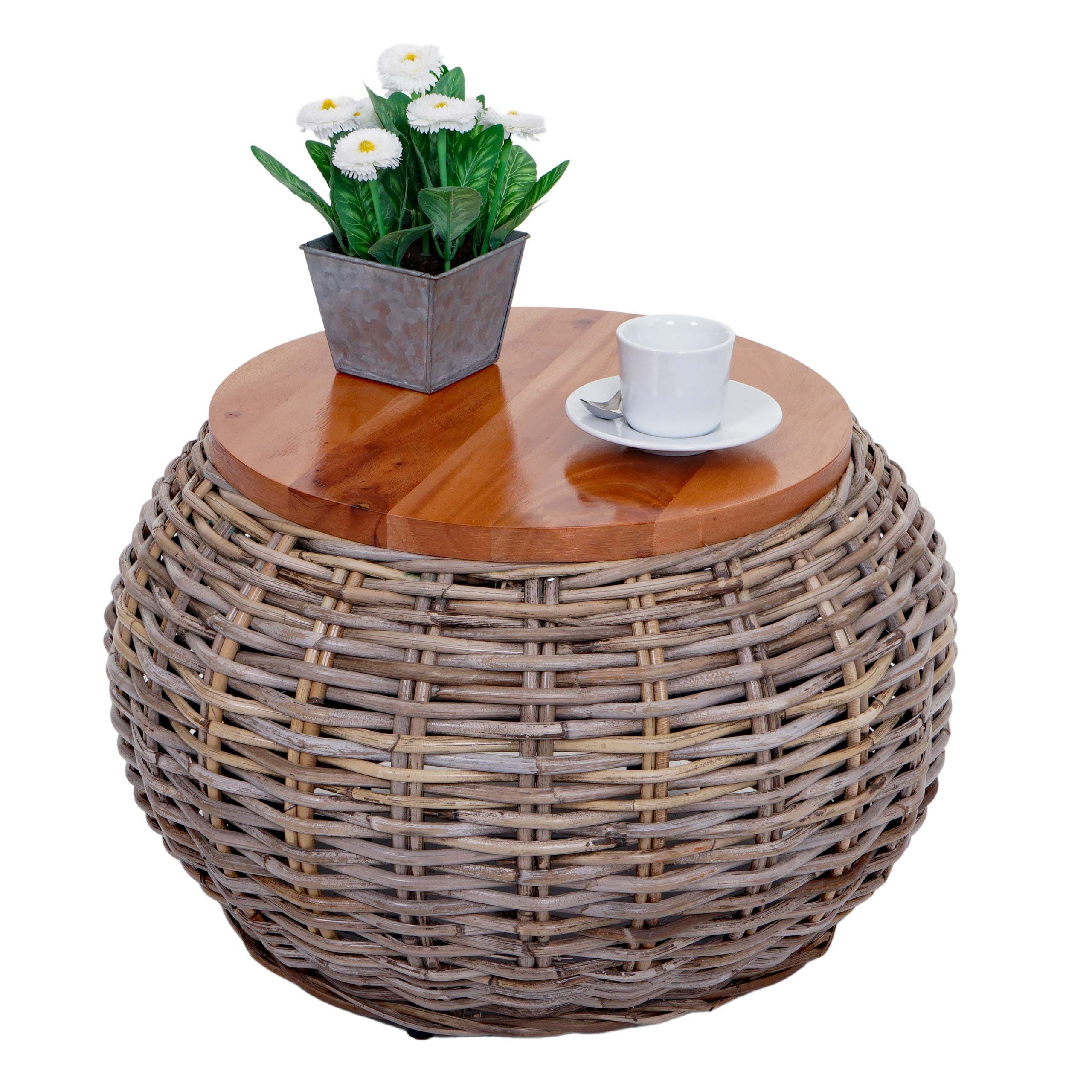 Beistelltisch MCW-M30, Rattantisch Blumentisch Kaffeetisch Loungetisch Holztisch, rund 33x49x49cm, Kubu Rattan natur 
