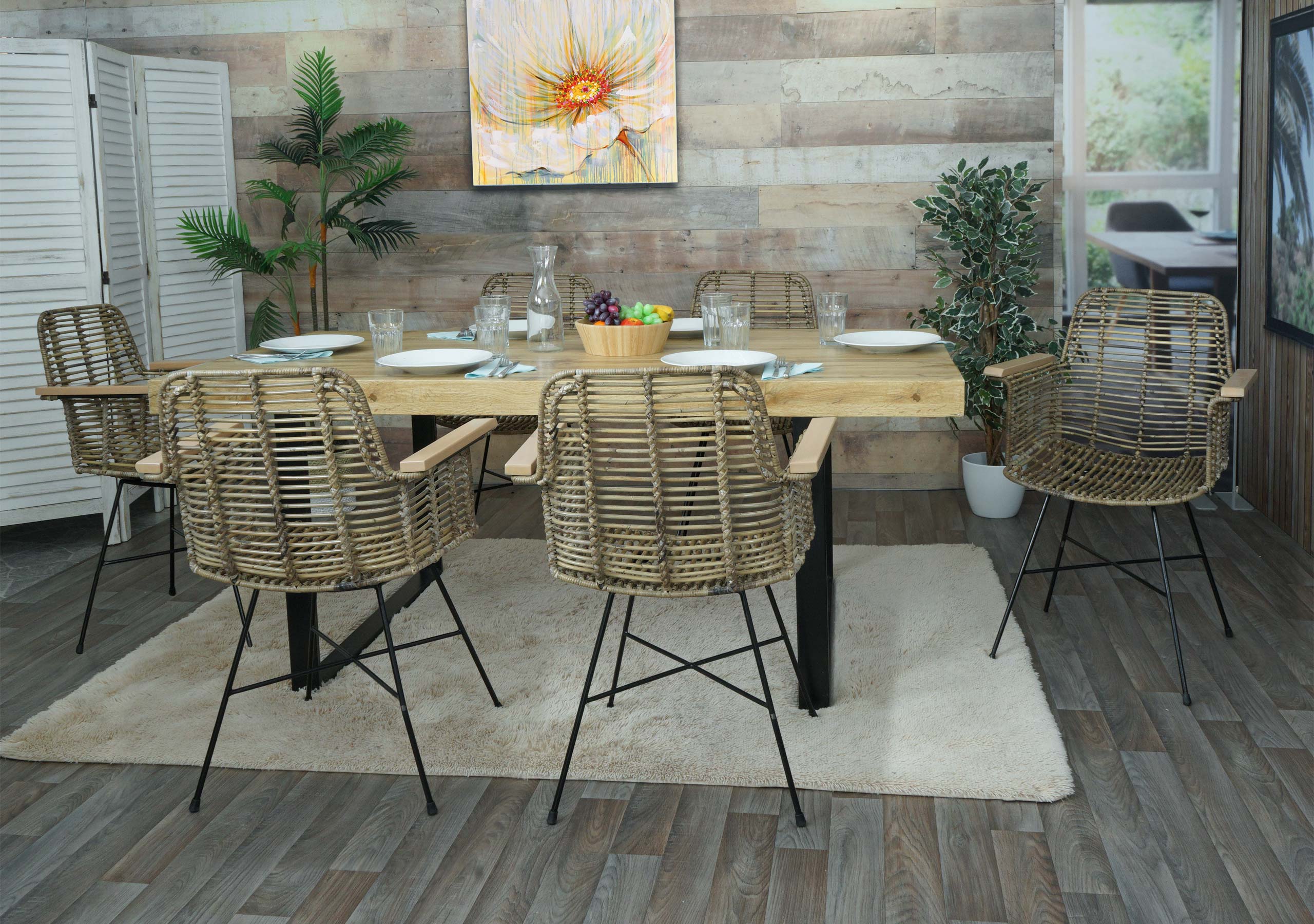 6er-Set Esszimmerstuhl MCW-M29, K&uuml;chenstuhl Korbstuhl Rattanstuhl Stuhl mit Armlehnen, Kubu Rattan Holz Metall 