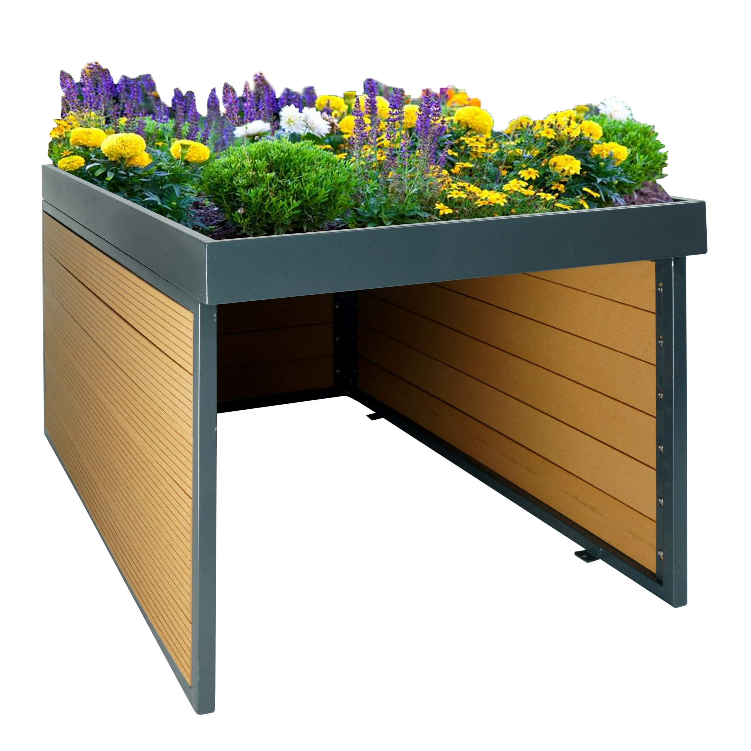 XL M&auml;hroboter-Garage mit Pflanzkasten MCW-L45, Dach Unterstand f&uuml;r Rasenm&auml;her, WPC Metall 47x70x94cm ~ Eiche-Optik 