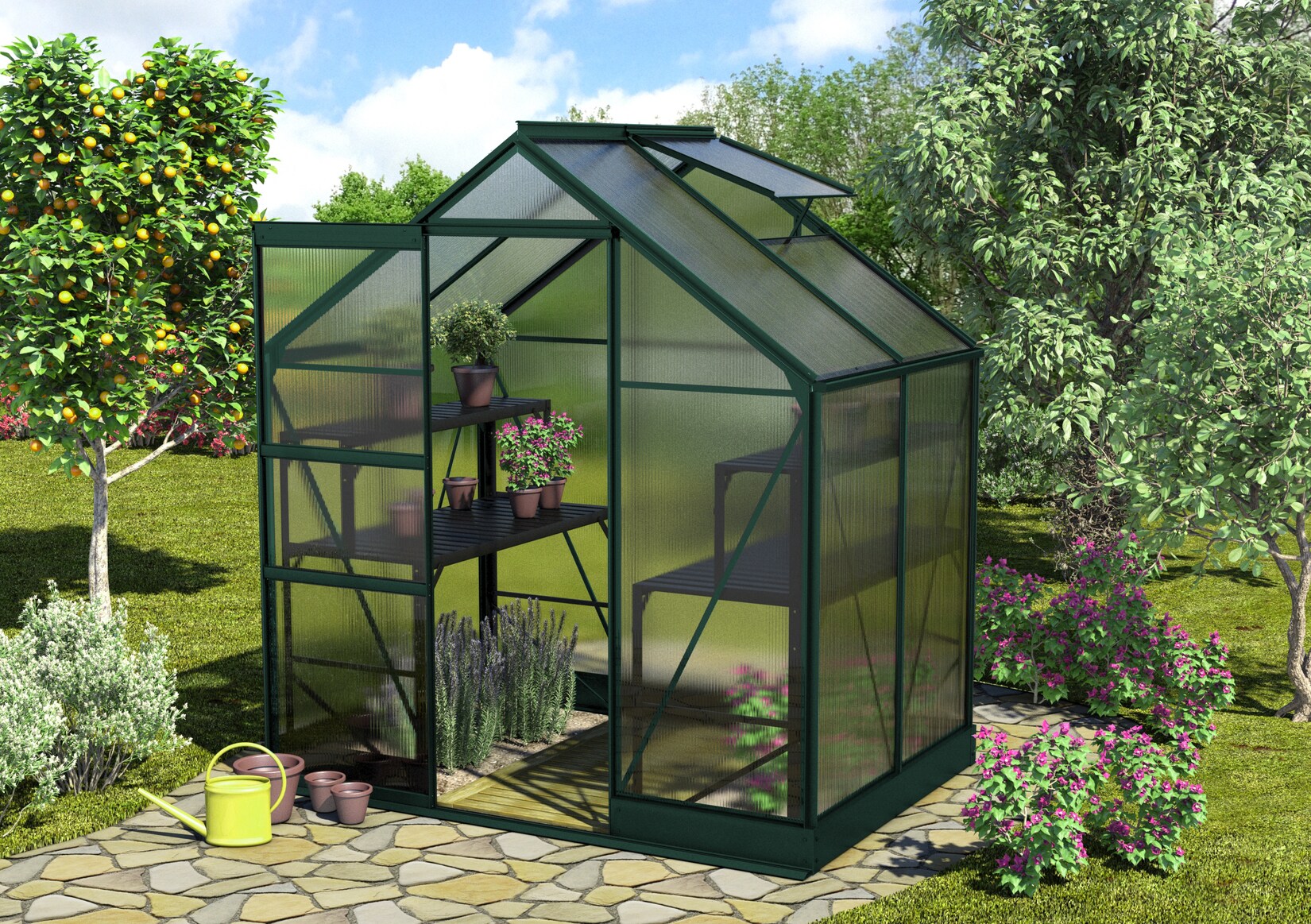 Comfort Edition Apollo 2500 HKP6mm, smaragd inkl. automatischem Fensteröffner, Alutisch und Tropschlauch für Hoch- und Frühbeet
